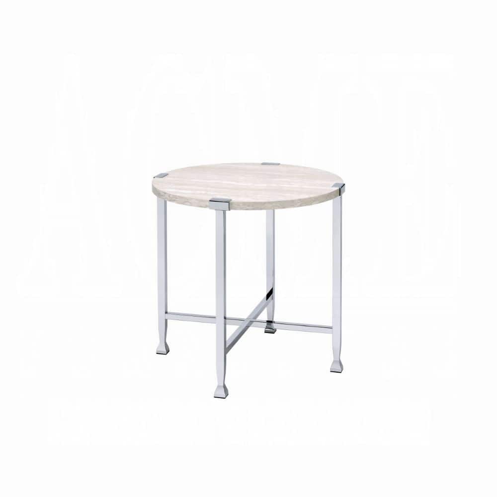 Lirago - Round End Table with Cross Legs 24"W x 24"D x 24"H White Top Chrome Frame - Oak