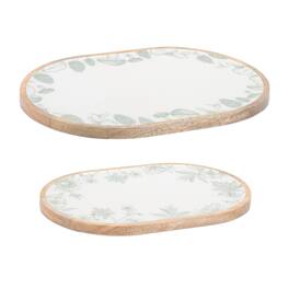 BreeBe - Wood Mushroom and Floral Print Tray (Set of 2) - White, Green