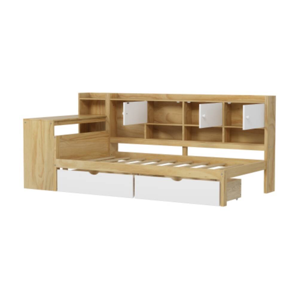 Left. LUCKY ONE - Twin Size Wooden L-Shape Daybed with 7 Storage Cabinets, 2 Drawers, Study Desk, Bookshelf, No Box Spring Needed - Natural+White.