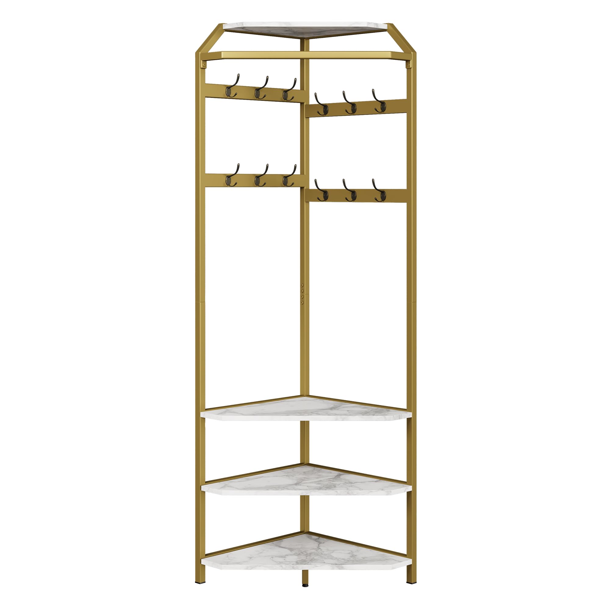 Alt View 4. Babevy - Corner Hall Tree with Shoe Bench, 6 Double Hooks & Storage Shelves, Space-Saving 3-in-1 Coat Rack - Gold.