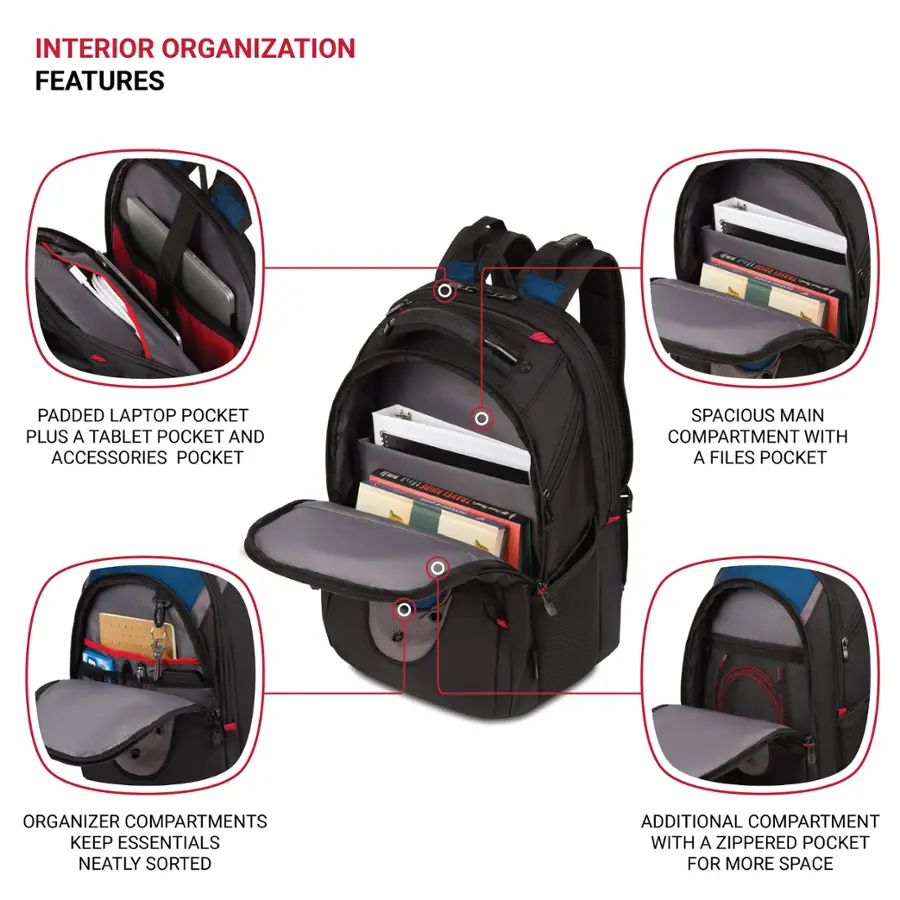 Interior Organization Features:

1. Padded Laptop Pocket: Plus a Tablet Pocket and Accessories Pocket
2. Spacious Main Compartment: With a Files Pocket
3. Organizer Compartments: Keep Essentials Neatly Sorted
4. Additional Compartment: With a Zippered Pocket for More Space