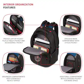backpack with padded laptop compartment GoBe | Grey & Navy Blue Backpack Womens | 12 Pocket, Functional Travel Pack / Bag thick industrial zipper pulls and a sturdy molded plastic handle supported by metal grommets and cabling Luka 17 inch Laptop Backpack