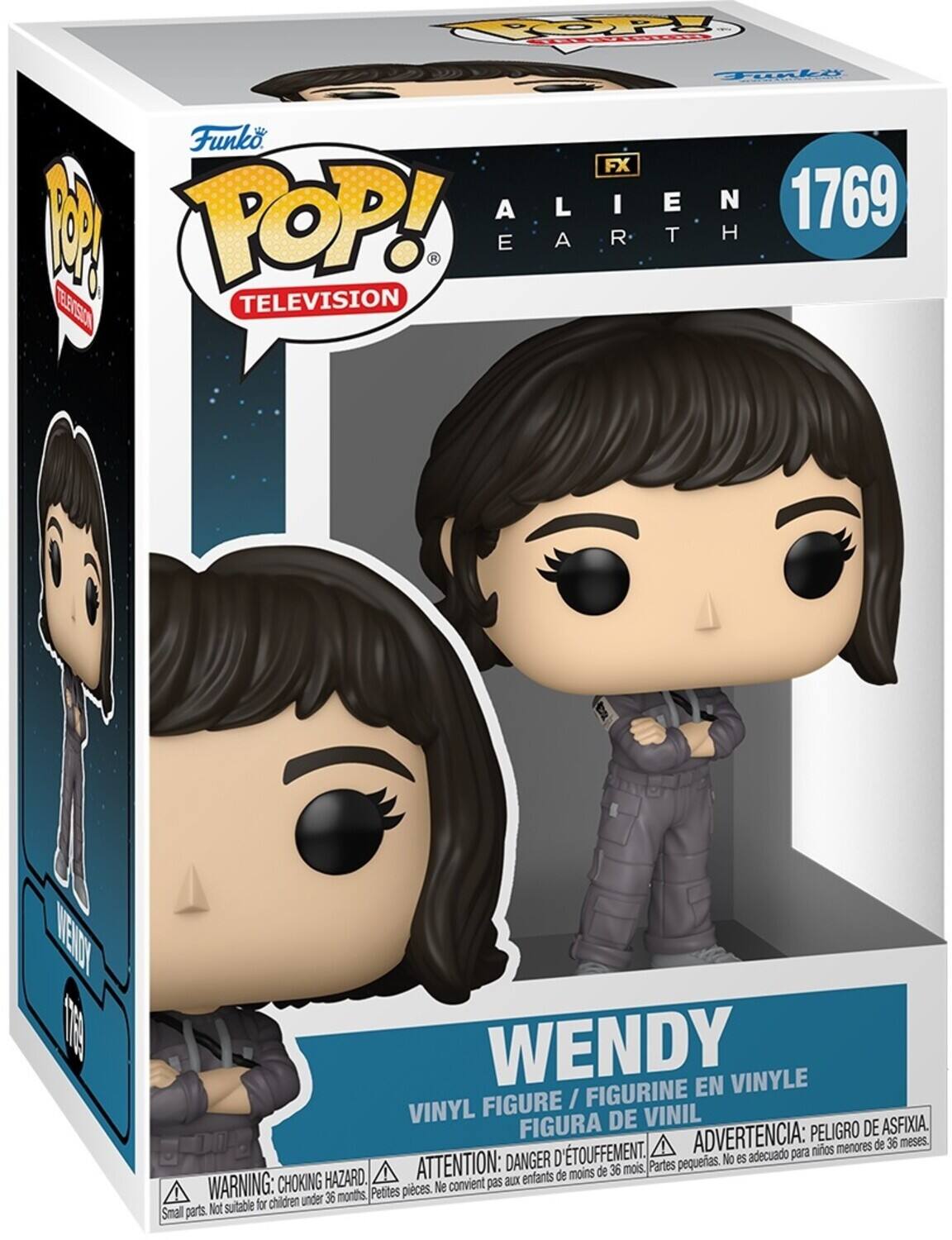 Sure, here is the corrected and grouped text from the image:

---

**Funko POP! TELEVISION**

**FX ALIEN EARTH**

**1769**

**WENDY**

**VINYL FIGURE / FIGURINE EN VINYLE / FIGURA DE VINIL**

**WARNING: CHOKING HAZARD. Small parts. Not suitable for children under 36 months.**

**ATTENTION: DANGER D'ÉTOUFFEMENT. Petites pièces. Ne convient pas aux enfants de moins de 36 mois.**

**ADVERTENCIA: PELIGRO DE ASFIXIA. Partes pequeñas. No es adecuado para niños menores de 36 meses.**

---

This text is organized to reflect the information on the packaging of the Funko POP! vinyl figure.