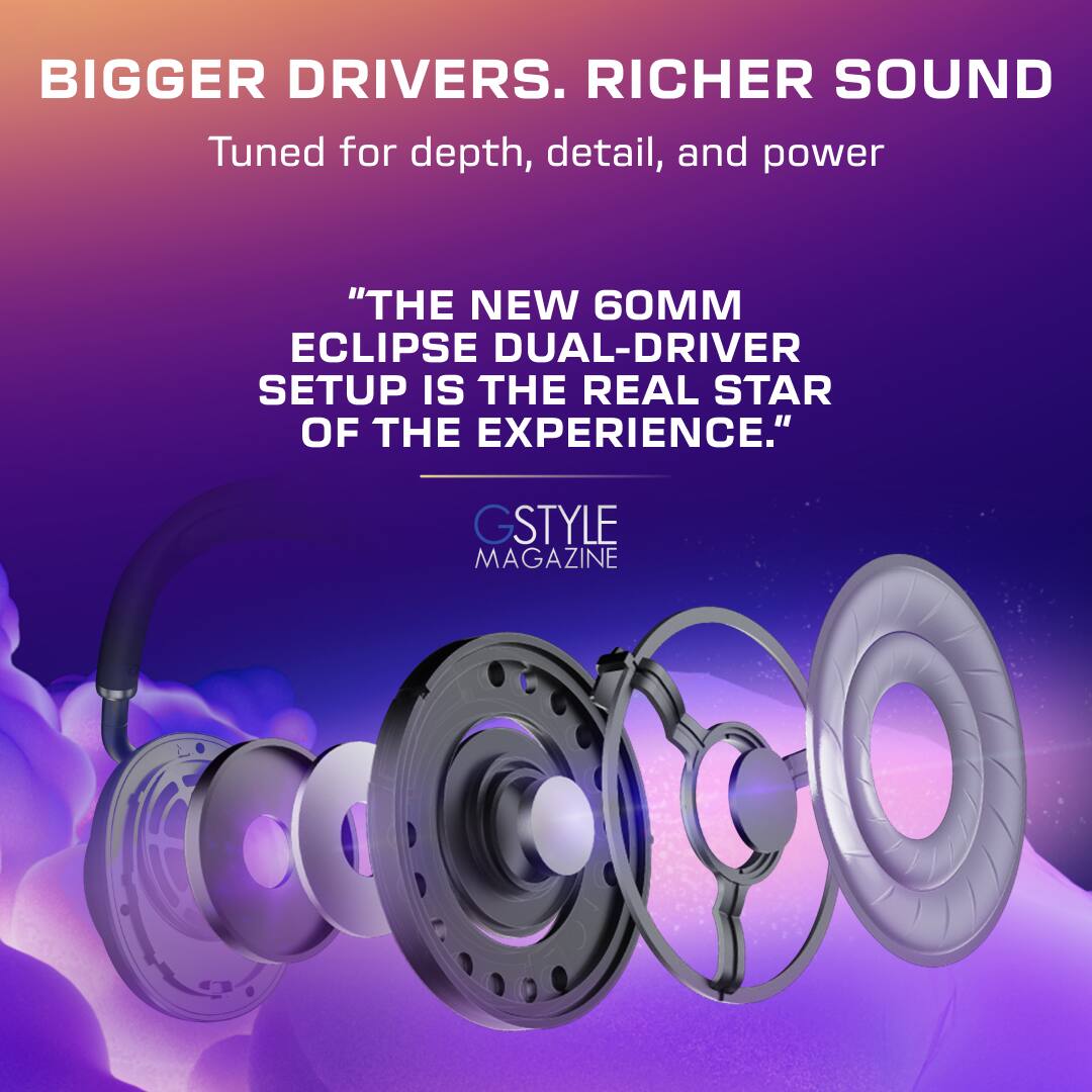 BIGGER DRIVERS. RICHER SOUND  
Tuned for depth, detail, and power  

"THE NEW 60MM ECLIPSE DUAL-DRIVER SETUP IS THE REAL STAR OF THE EXPERIENCE."  

GSTYLE MAGAZINE
