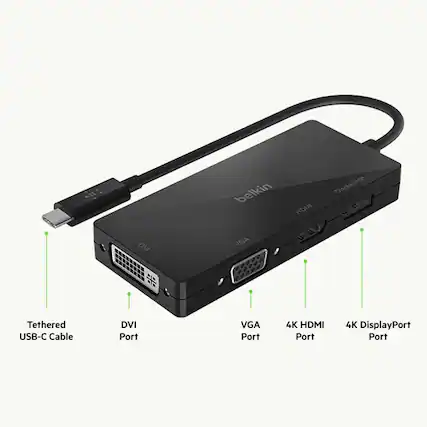 Belkin HDMI DisplayPort DVI VGA Tethered USB-C Cable
- DVI Port
- VGA Port
- 4K HDMI Port
- 4K DisplayPort Port