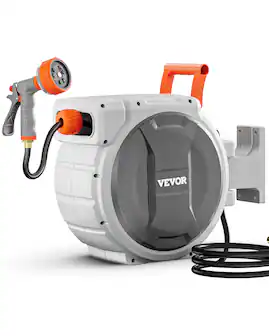 VEVOR - Retractable Garden Hose Reel, 1/2 Inch x 65 ft Wall Mounted Hose Reel,Heavy Duty Garden Hose Reel with 9 Patterns Nozzle - Gray