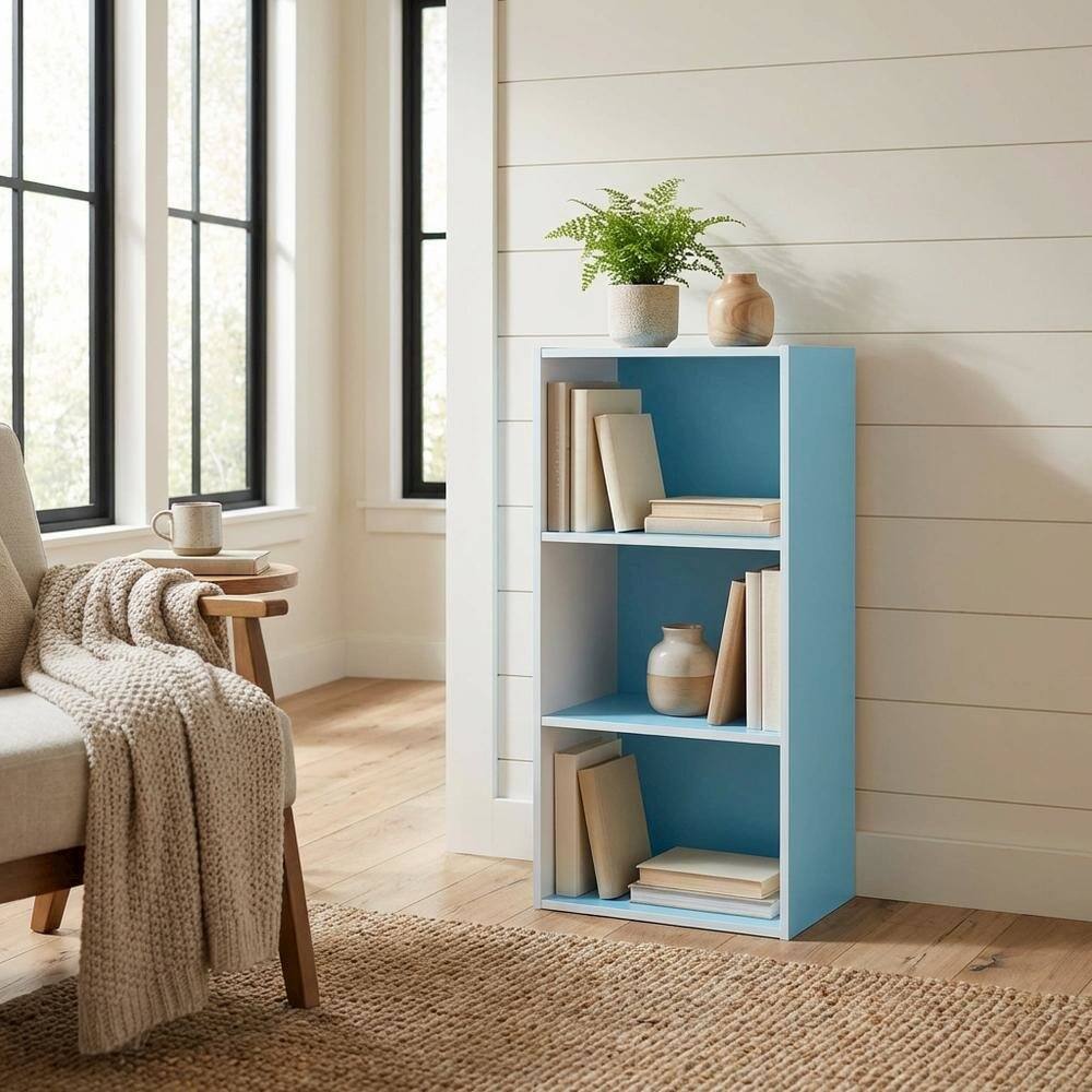 Left. FurniFact - 3-Tier Open Shelf Bookcase, Engineered Wood Construction for Organized Storage - Light Blue/White.