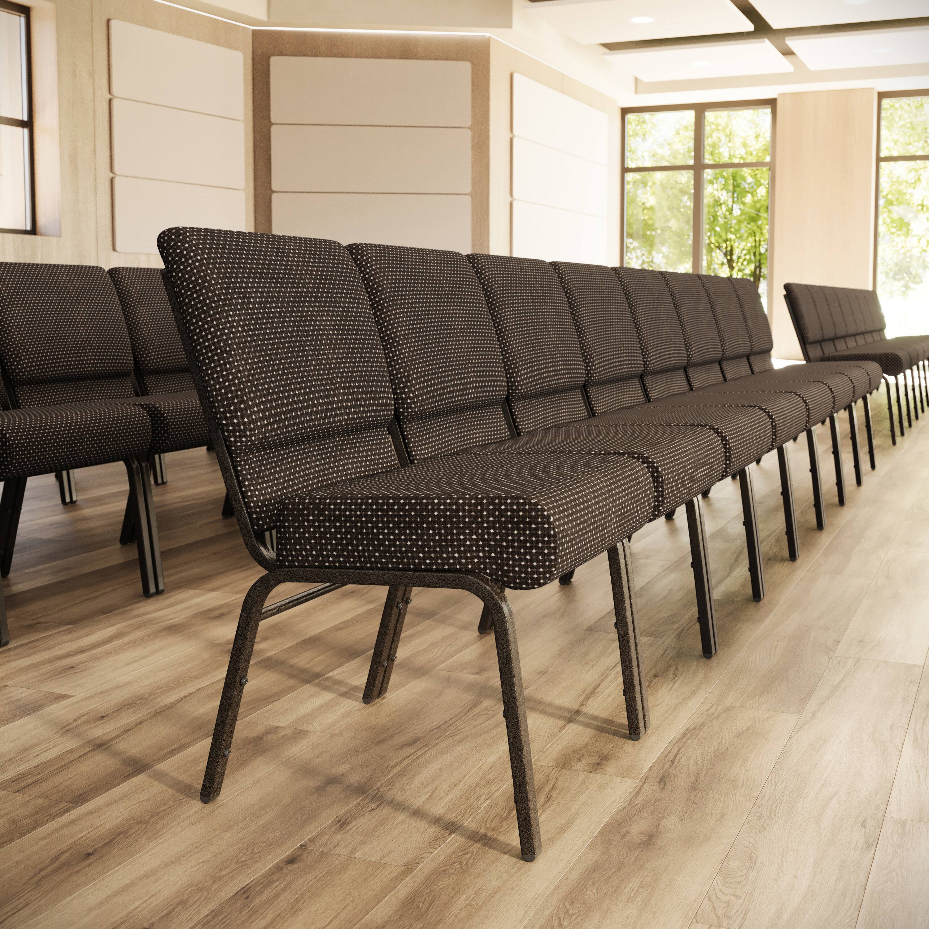 Angle. Flash Furniture - HERCULES Series 21''W Stacking Church Chair in Brown Dot Fabric - Gold Vein Frame - Brown.