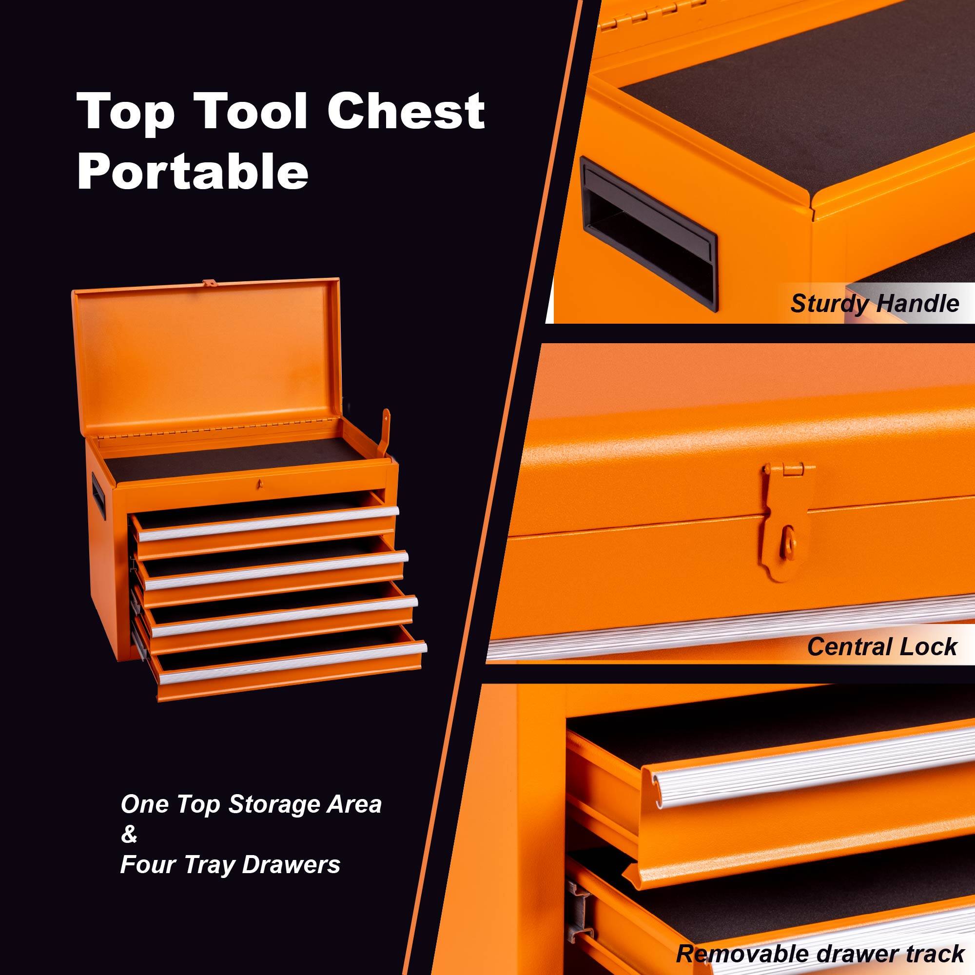 Top Tool Chest Portable, Sturdy Handle, Central Lock, One Top Storage Area & Four Tray Drawers, Removable drawer track