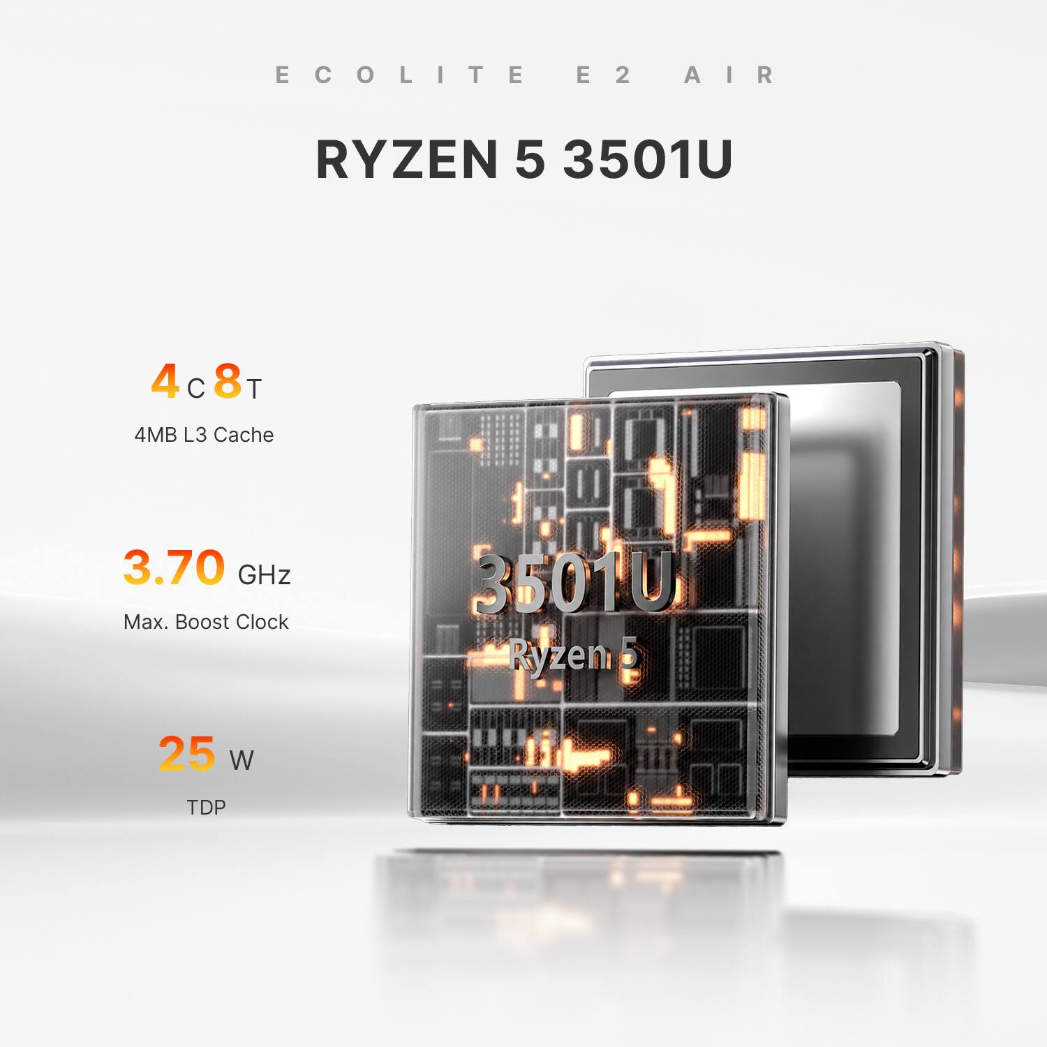 ECOLITE E2 AIR  
RYZEN 5 3501U  
4C8T  
4MB L3 Cache  
3.70 GHz Max. Boost Clock  
25 W TDP