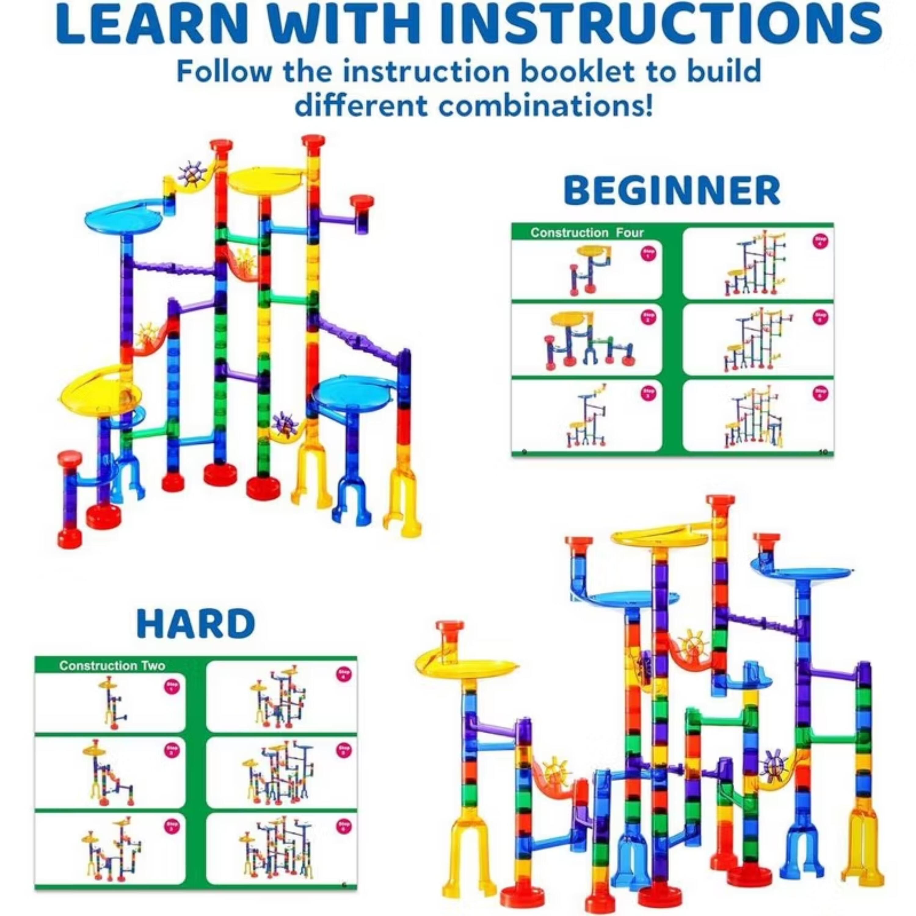 LEARN WITH INSTRUCTIONS  
Follow the instruction booklet to build different combinations!  

BEGINNER  
Construction Four  

HARD  
Construction Two