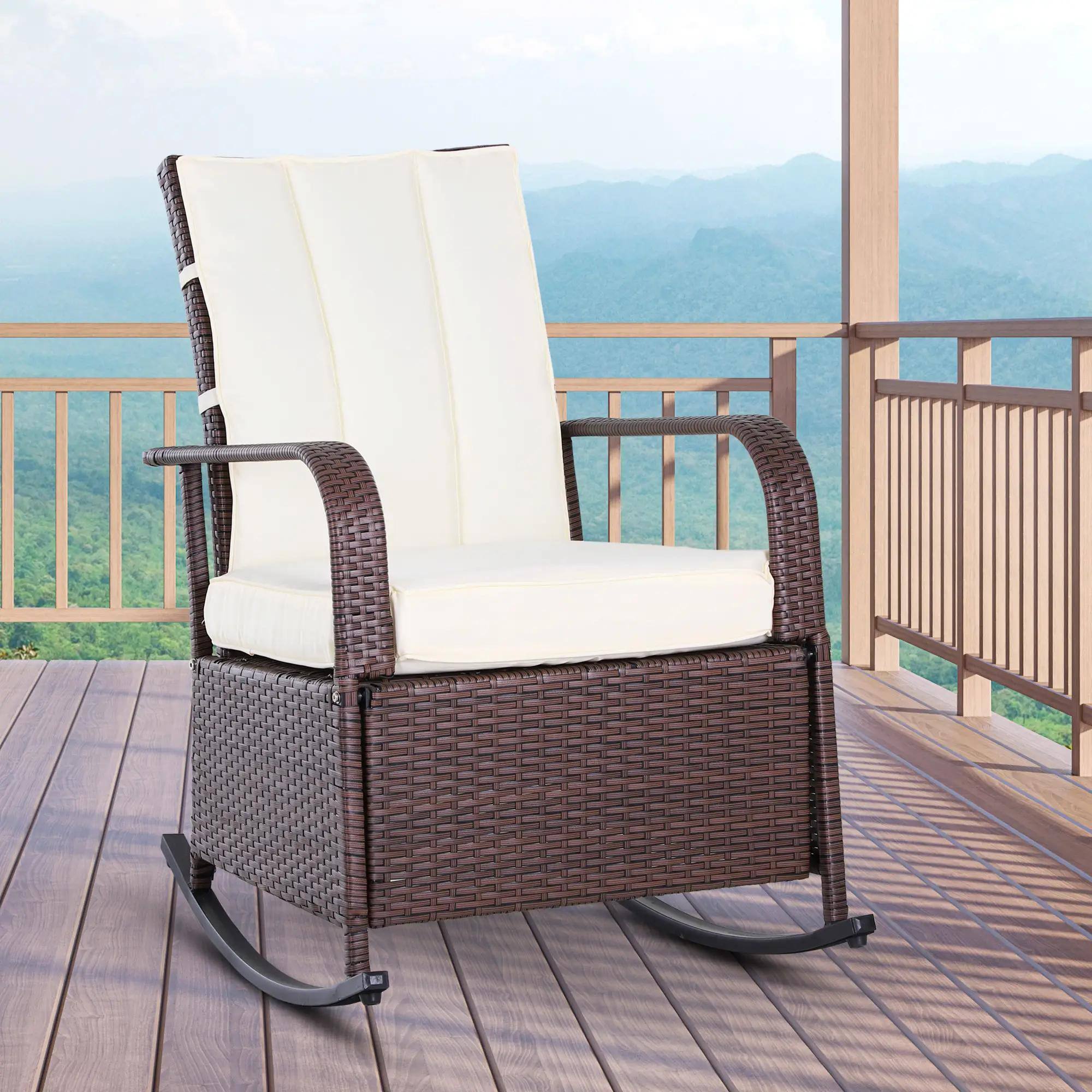 Angle. Resenkos - Resenkos Rattan Rocking Chair with Footstool, Beige, Outdoor Lounger, Mixed Brown/Cream White - Mixed Brown/Cream White.