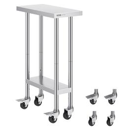 VEVOR - Stainless Steel Work Table 24 x 12 x 38 Inch, 500 LBS Load Capacity with 4 Wheels, 3 Adjustable Height Levels - Silver