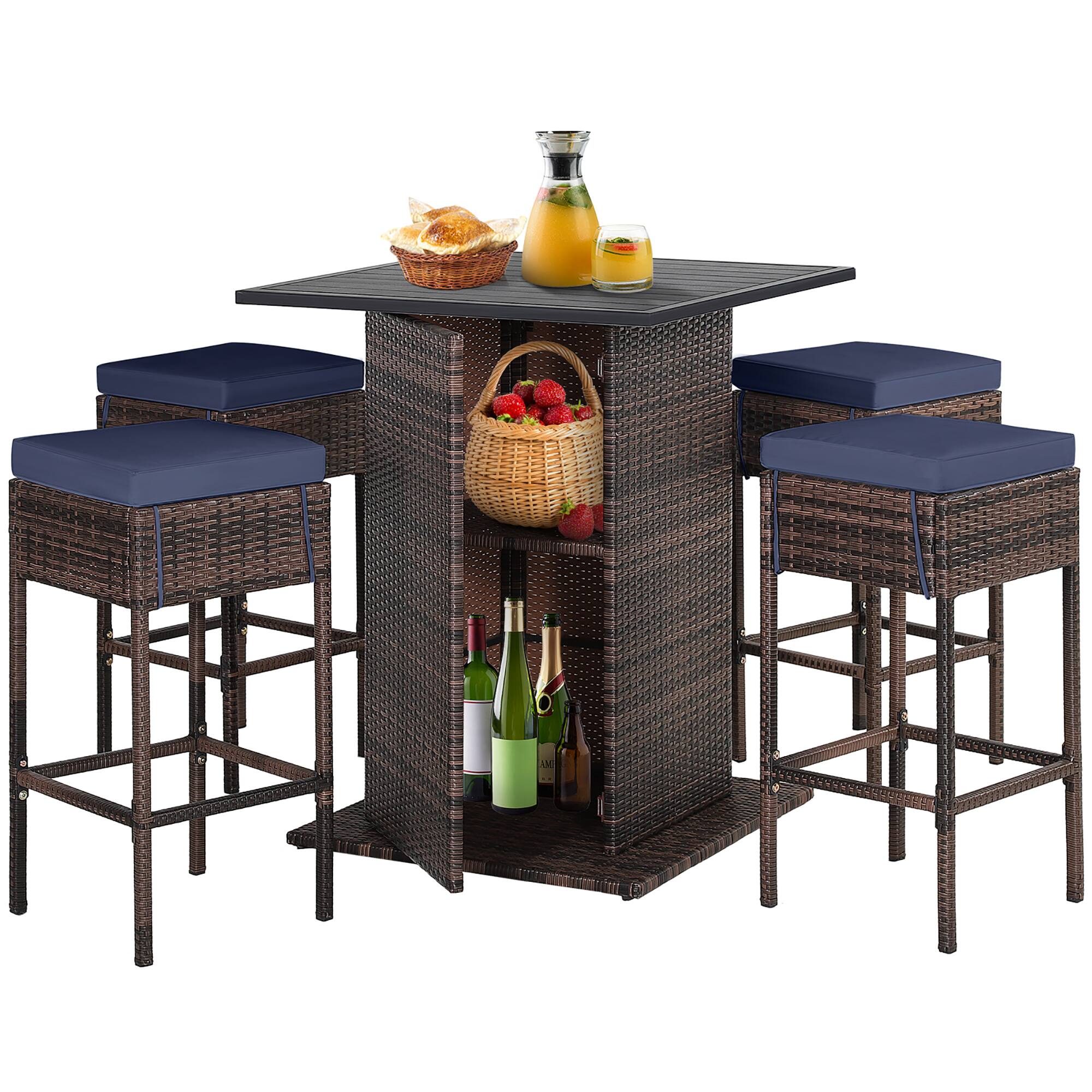 Alt View 1. Gymax - Gymax 5PCS Patio Bar Set Rattan Bar Furniture Set w/ Table & 4 Cushioned Stools Navy - Navy.