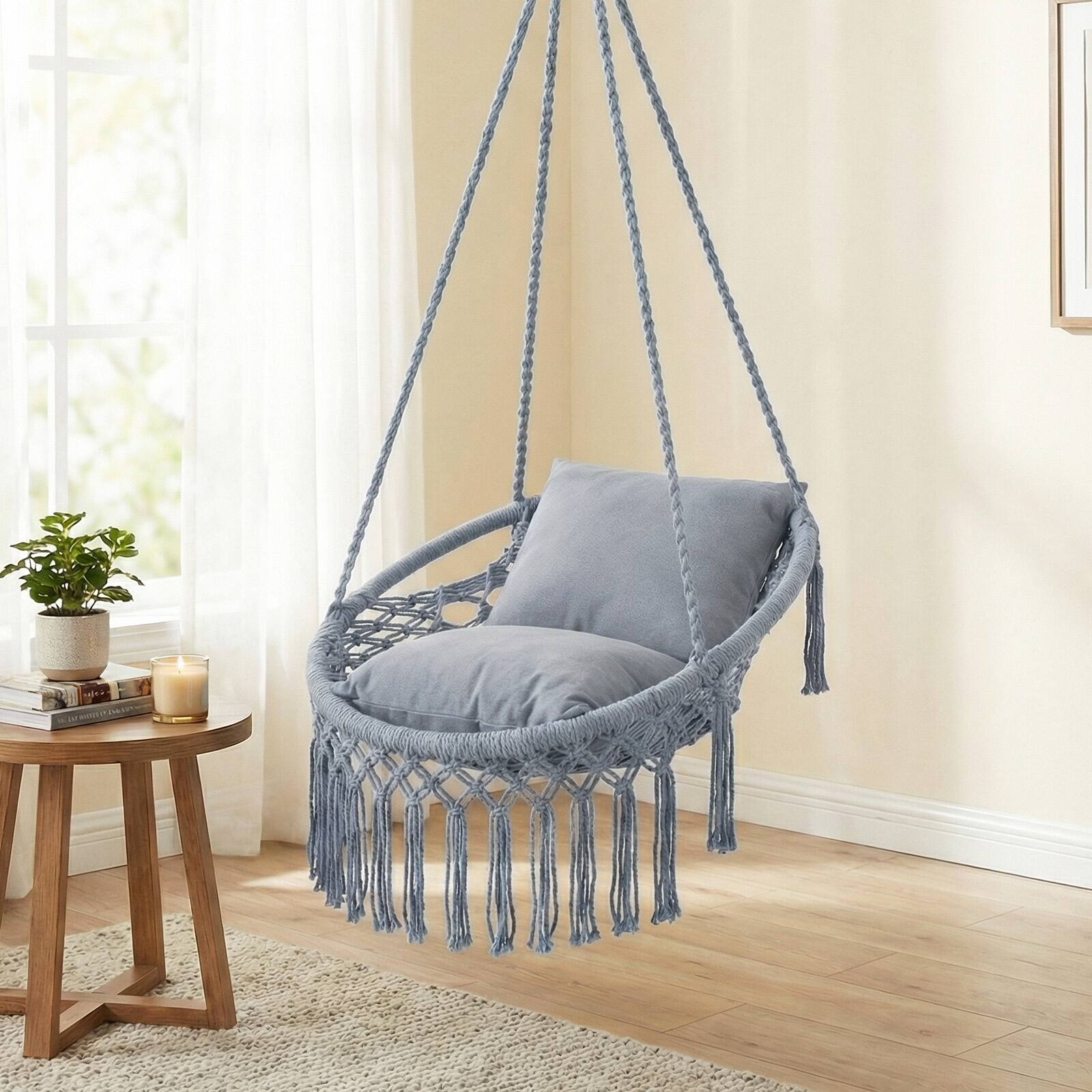 Alt View 1. Costway - Costway Macrame Swing Chair with 2 Removable Cushions, Enduring Polyester Cotton Ropes - Gray.