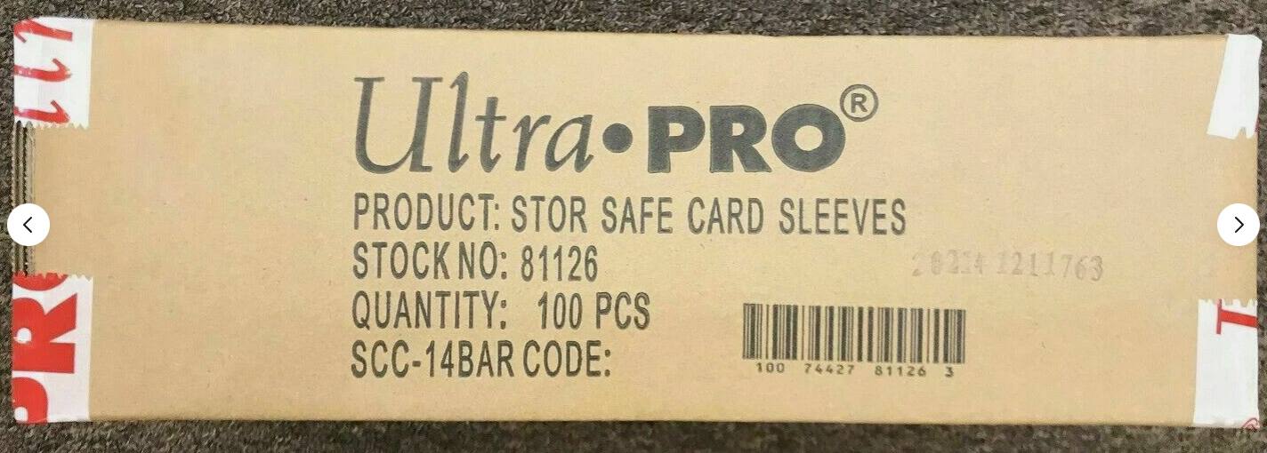 Ultra PRO  
PRODUCT: STOR SAFE CARD SLEEVES  
STOCK NO: 81126  
QUANTITY: 100 PCS  
SCC-14 BAR CODE: 100 74427 81126 3