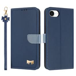 Dteck - For Apple iPhone 16e/17e Premium Leather Cute Bow-knot Card Slot Kickstand Flip Wallet Case With Crossbody/Wrist Strap - Darkblue