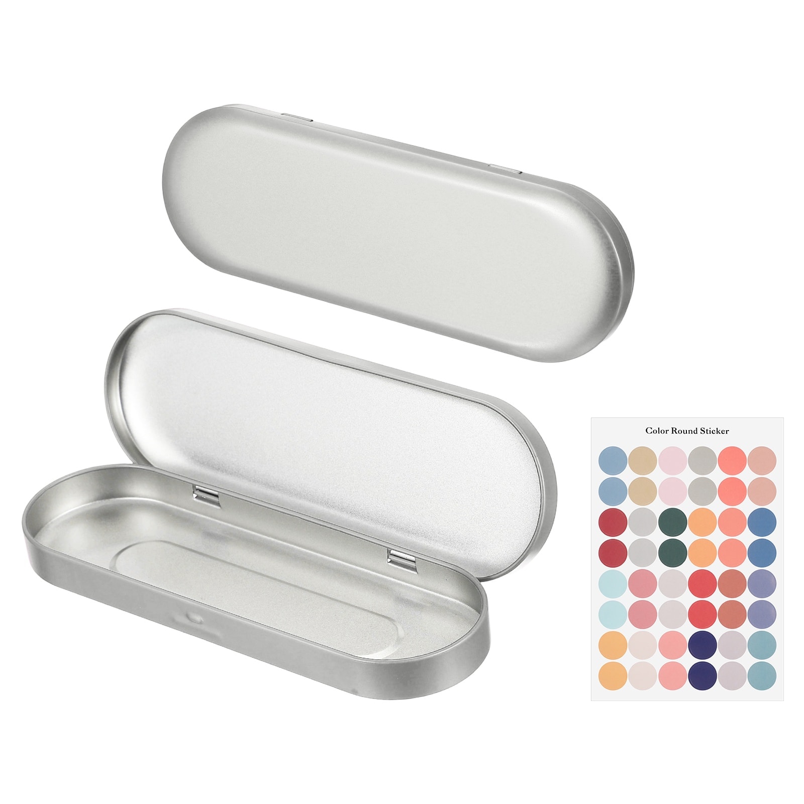 Unique Bargains - 2pcs Metal Tin Box, 6.9x2.4x0.7" Oval Hinged Lid with Self-Adhesive Sticker, Mini Storage for Candy Drawing Pin Crafts - Silver