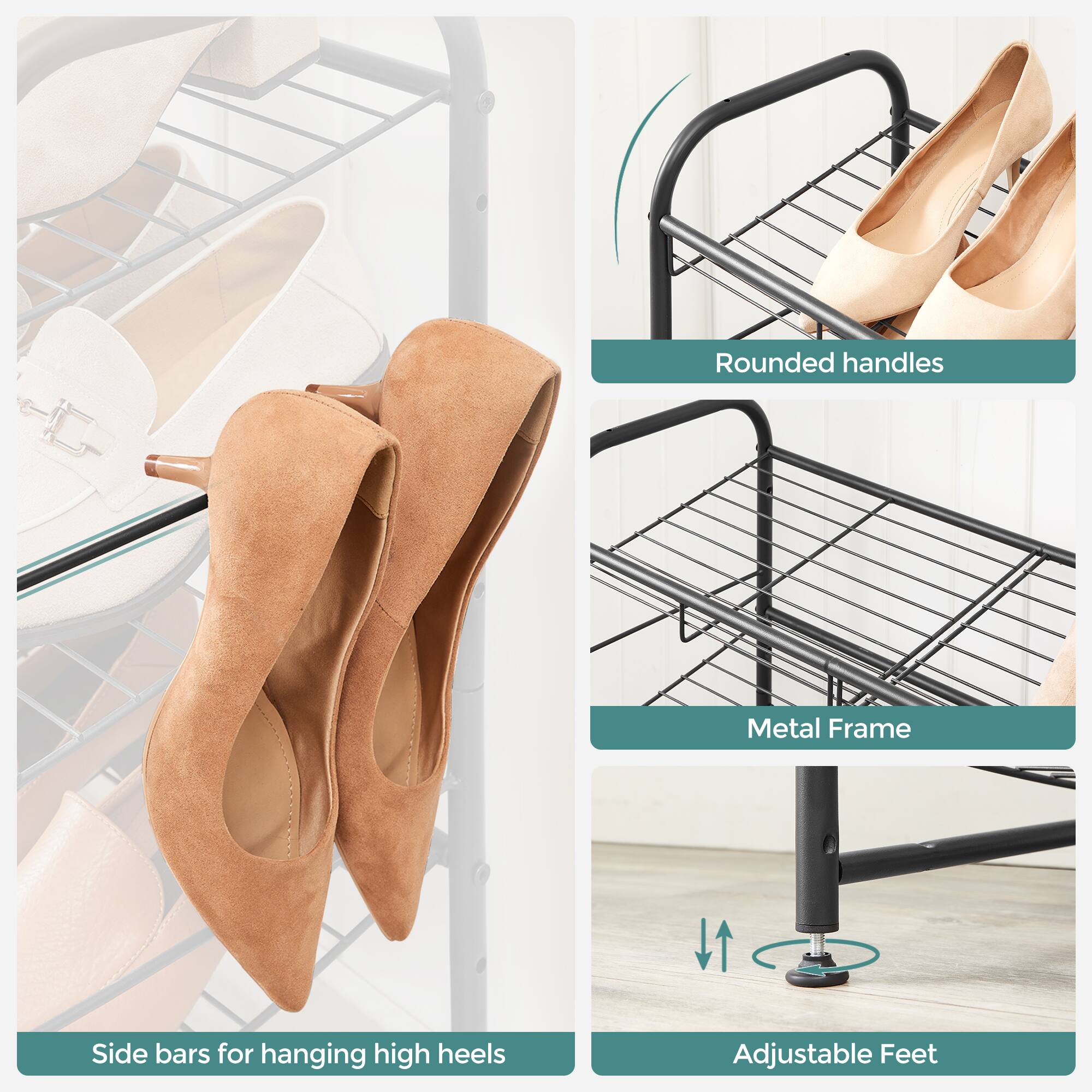 - Rounded handles
- Metal Frame
- Side bars for hanging high heels
- Adjustable Feet