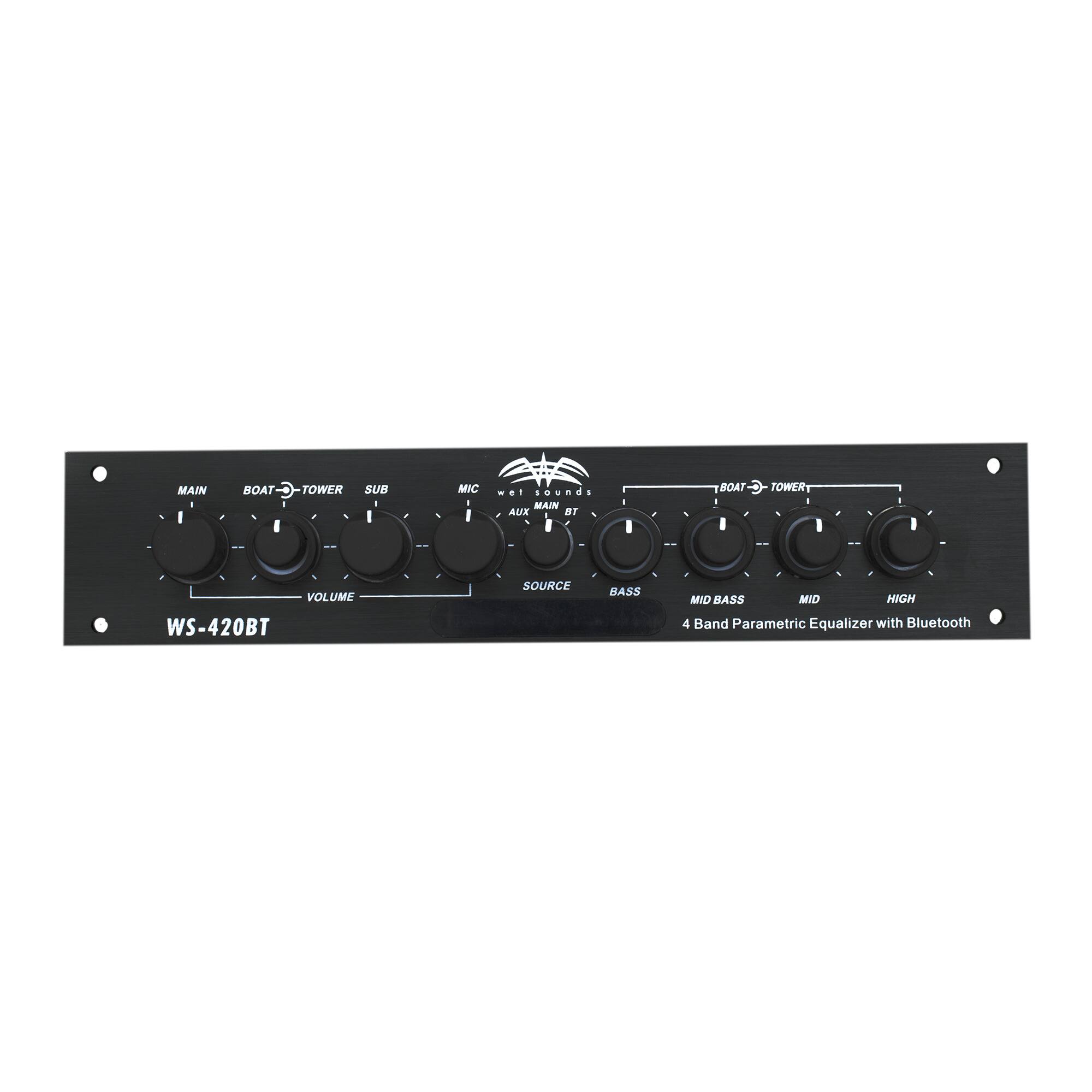 MAIN - I BOAT C TOWER . I SUB MIC ... - sounds IOU - MAIN AUX BT BOAT C TOWER - I . VOLUME WS-420BT SOURCE BASS MID BASS MID HIGH 4 Band Parametric Equalizer with Bluetooth