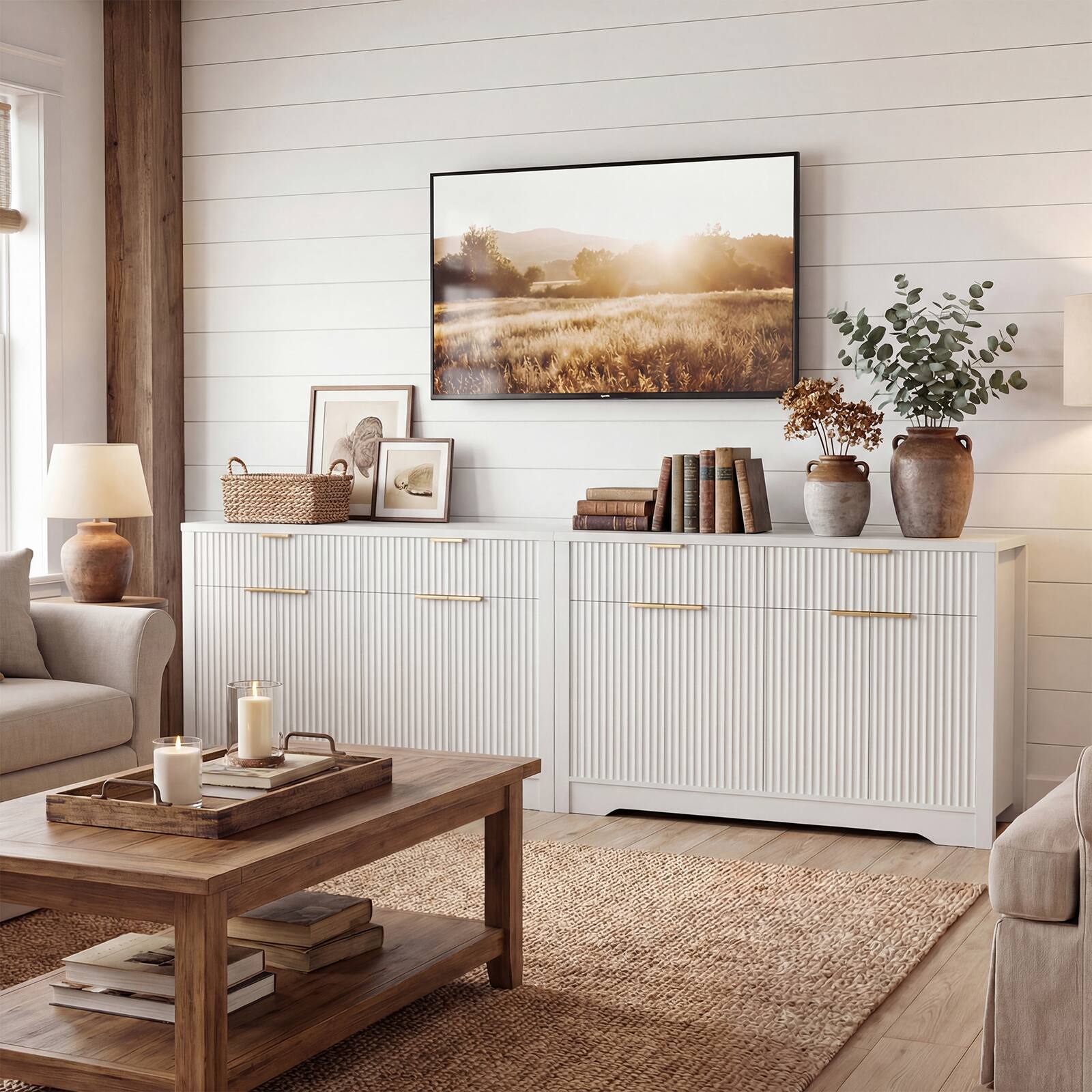 Left. Aheaplus - 55.1'' Fluted Buffet Cabinet with Drawers, Modern Sideboard Credenza with Adjustable Shelves - White.
