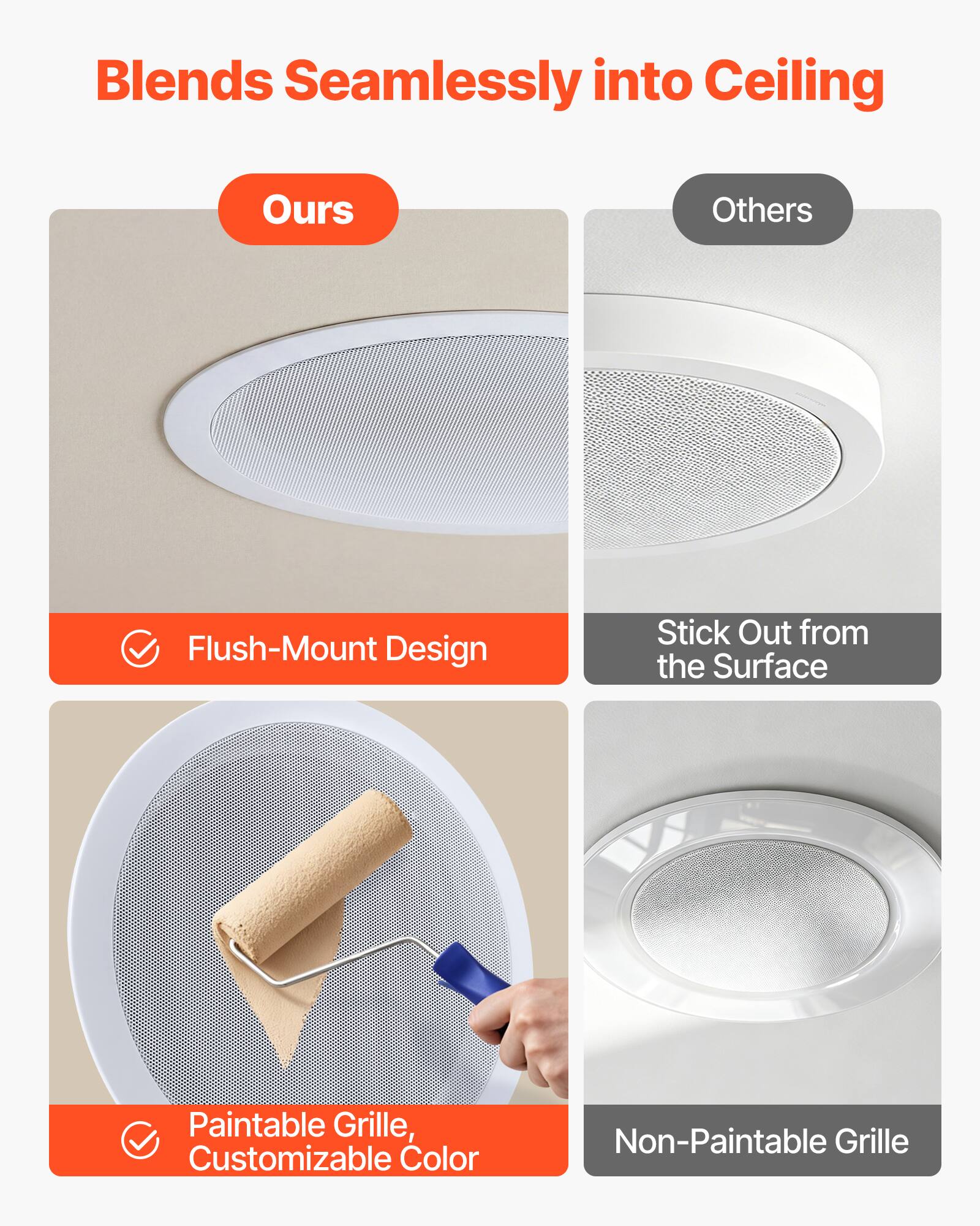 Blends Seamlessly into Ceiling

Ours
- Flush-Mount Design
- Paintable Grille, Customizable Color

Others
- Stick Out from the Surface
- Non-Paintable Grille