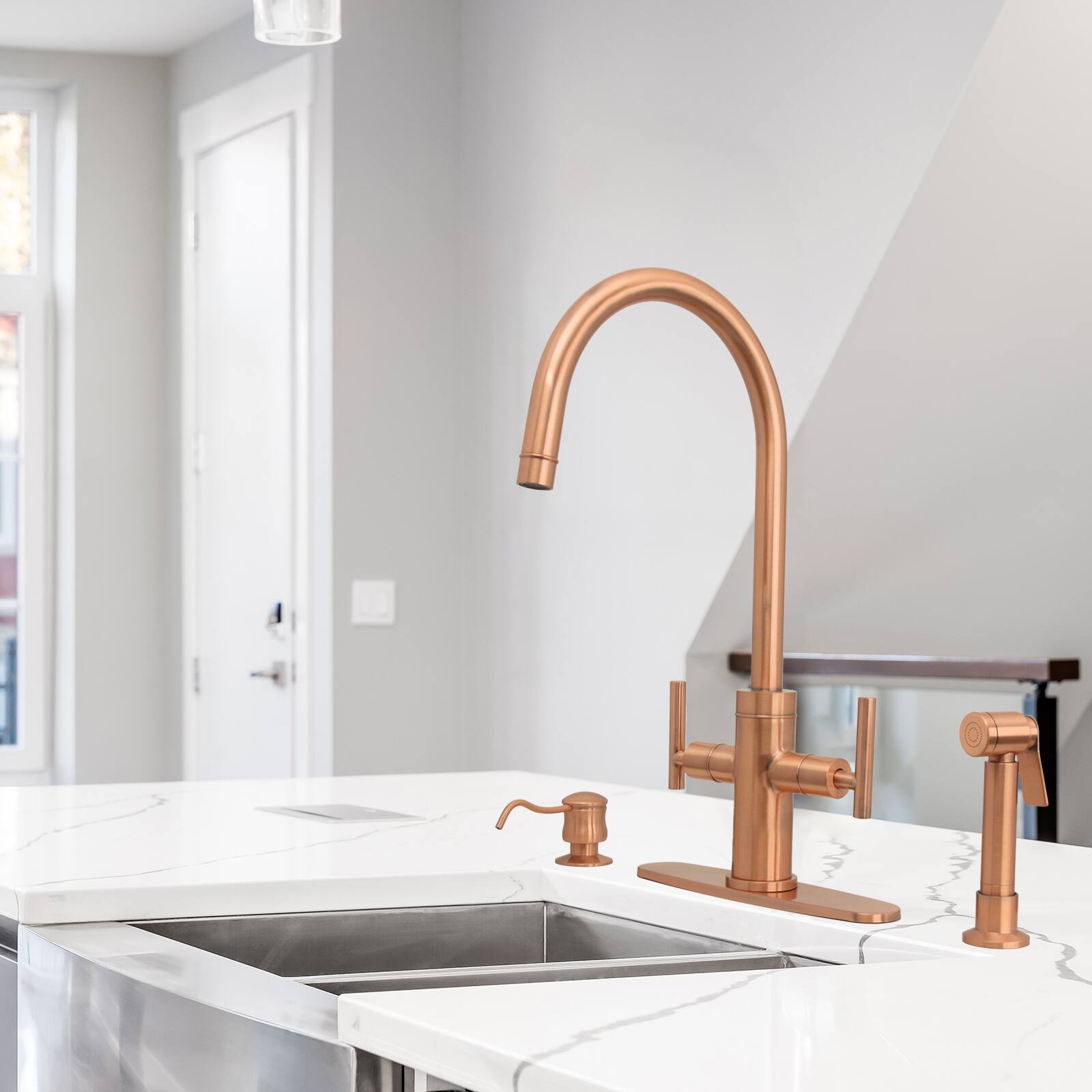Alt View 4. Akicon - Akicon Two-Handles 360° Swivel Widespread Kitchen Faucet with Side Sprayer in Copper - Copper.