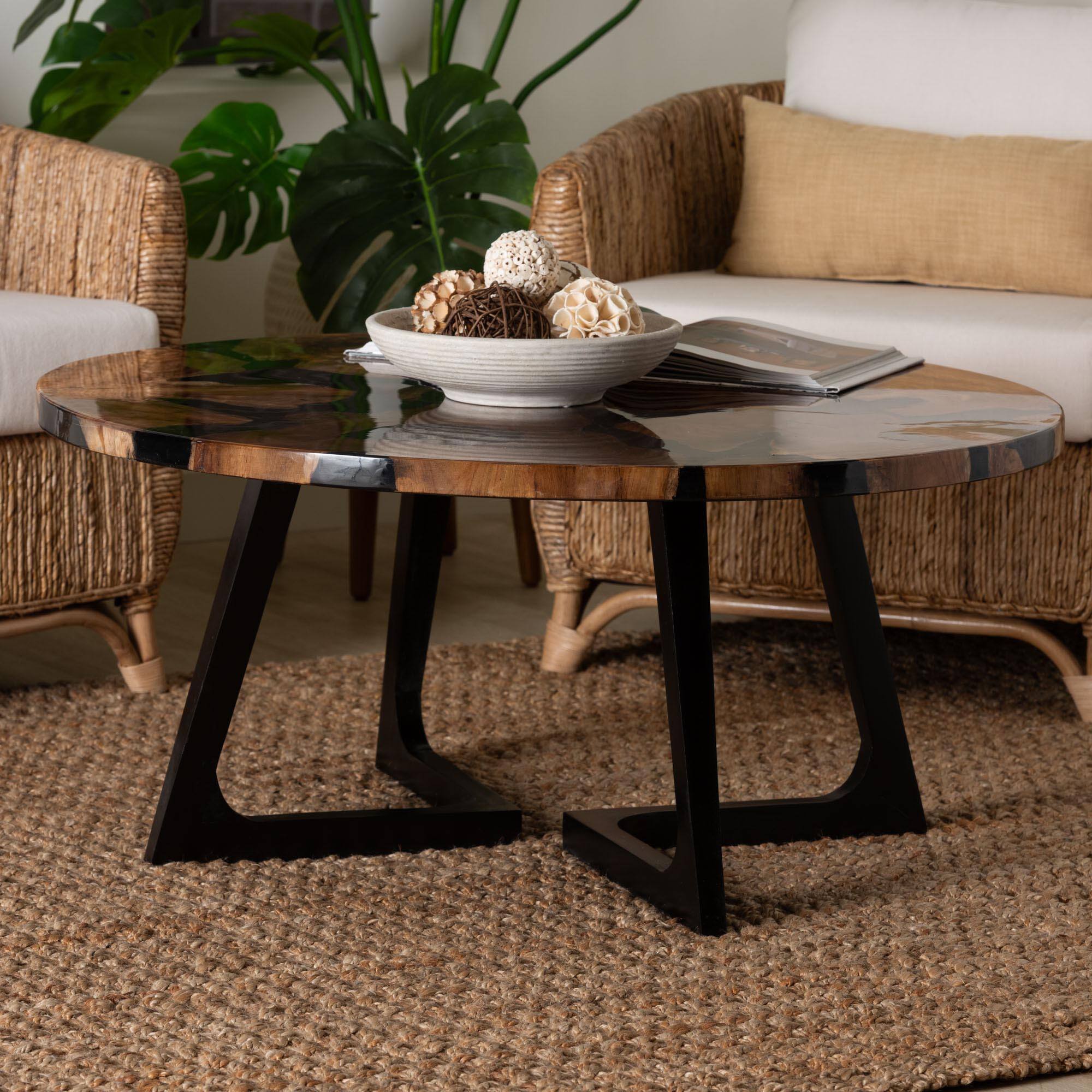 Alt View 2. bali & pari - Agata Wood and Epoxy Resin Coffee Table - Handcrafted Live Edge Teak Accent Table with Sculptural Base - Natural Brown/Black.