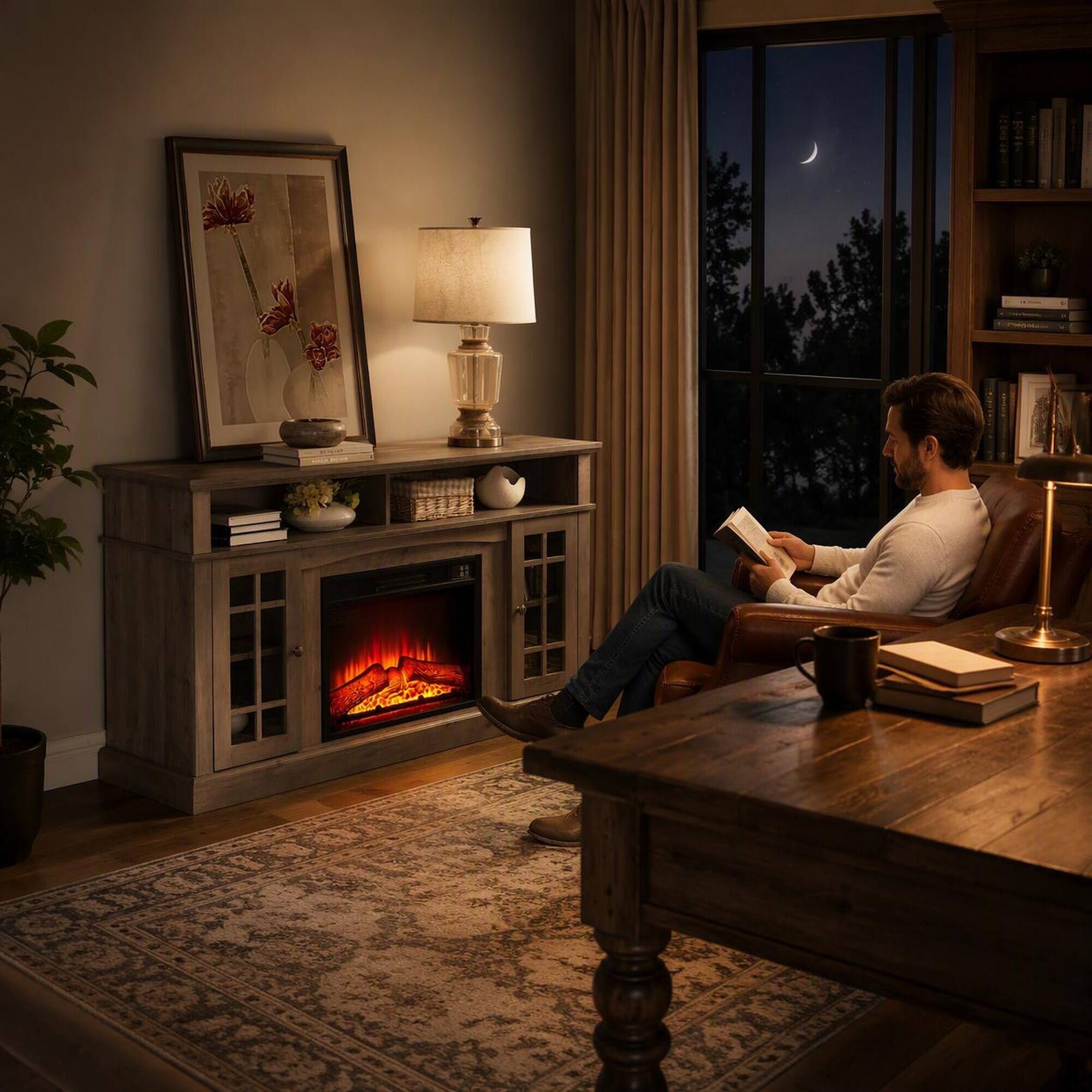 Left. RYHNUYNE - Classic Gray Wash TV Stand with Built-in Electric Fireplace, Fits TVs Up to 65 Inches, Storage Cabinet - Gray.