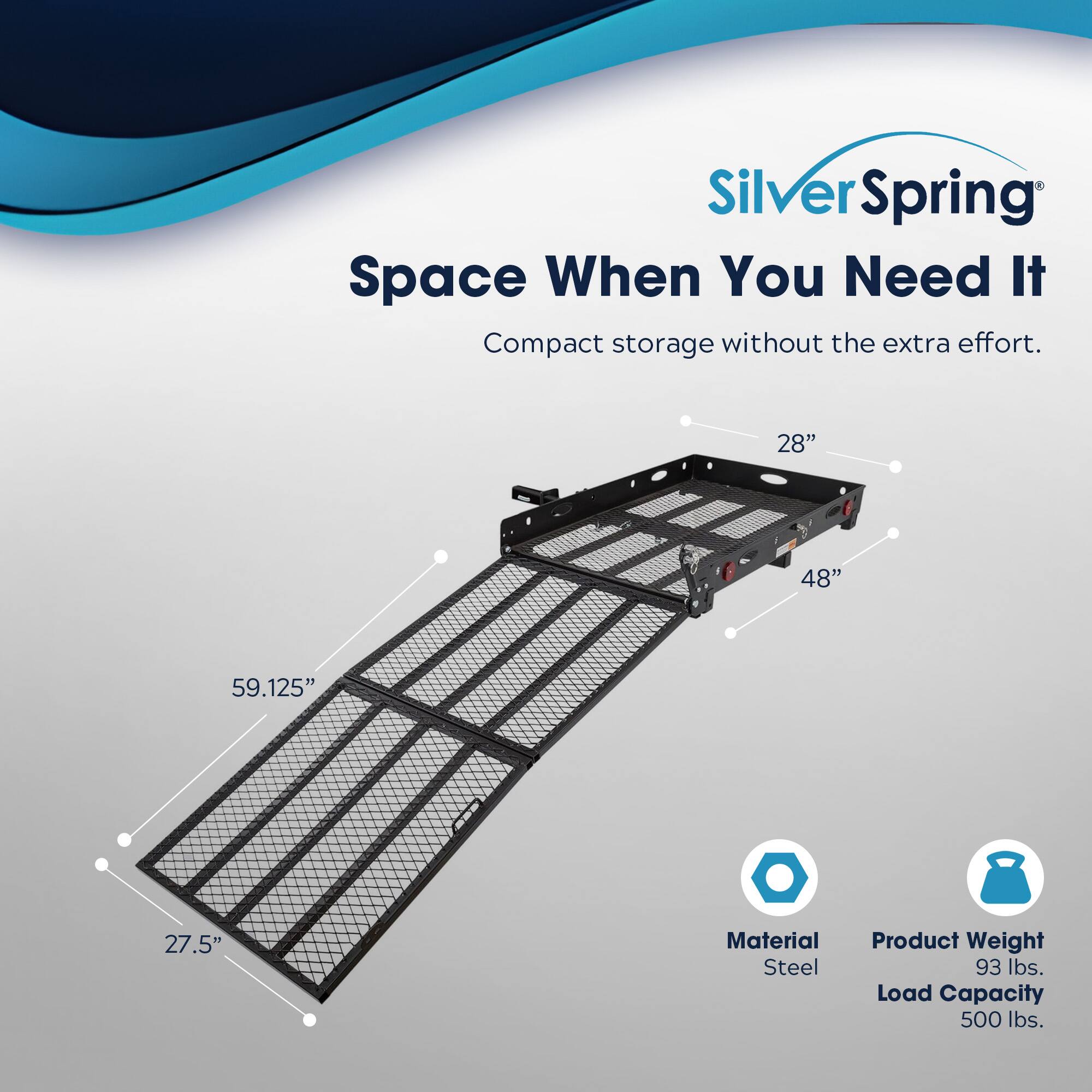 SilverSpring  
Space When You Need It  
Compact storage without the extra effort.  

Dimensions:  
- 28"  
- 48"  
- 59.125"  
- 27.5"  

Material: Steel  
Product Weight: 93 lbs.  
Load Capacity: 500 lbs.