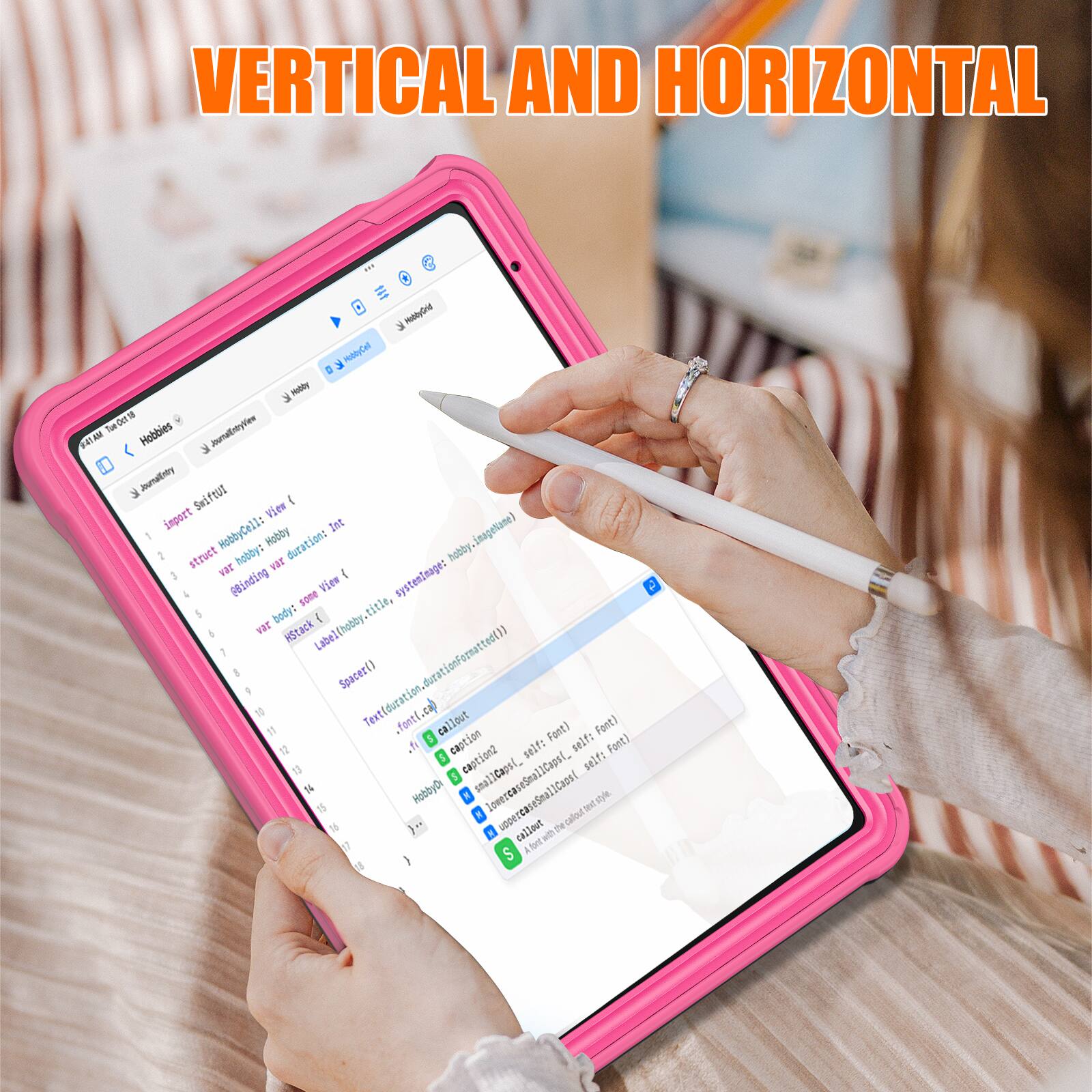VERTICAL AND HORIZONTAL

1. FubtyOng
   MyCal 2
   mbly Tue Oer1
   Hobbies
   JnumantryVew
   WITAM
   Joumatntry SwiftUt VSew
   I import Ist inagetane)
   HobbyCell:
   Hobby durations
   hobby struct
   hobby: v
   var systeminage: (Binding sone View body: 1 title, v iSitack LabelChobby. 1 Spacer() Text(dutation.durationFormatted()) ca) fontt sallout Font) Font) S caption self: Font) .h self: 5 Snoc7Rs self: HobbyD 5 smallCapsi, smal lowercaseSnallCapsl, teet a calou 3. 1 callest wth The a fontwith S