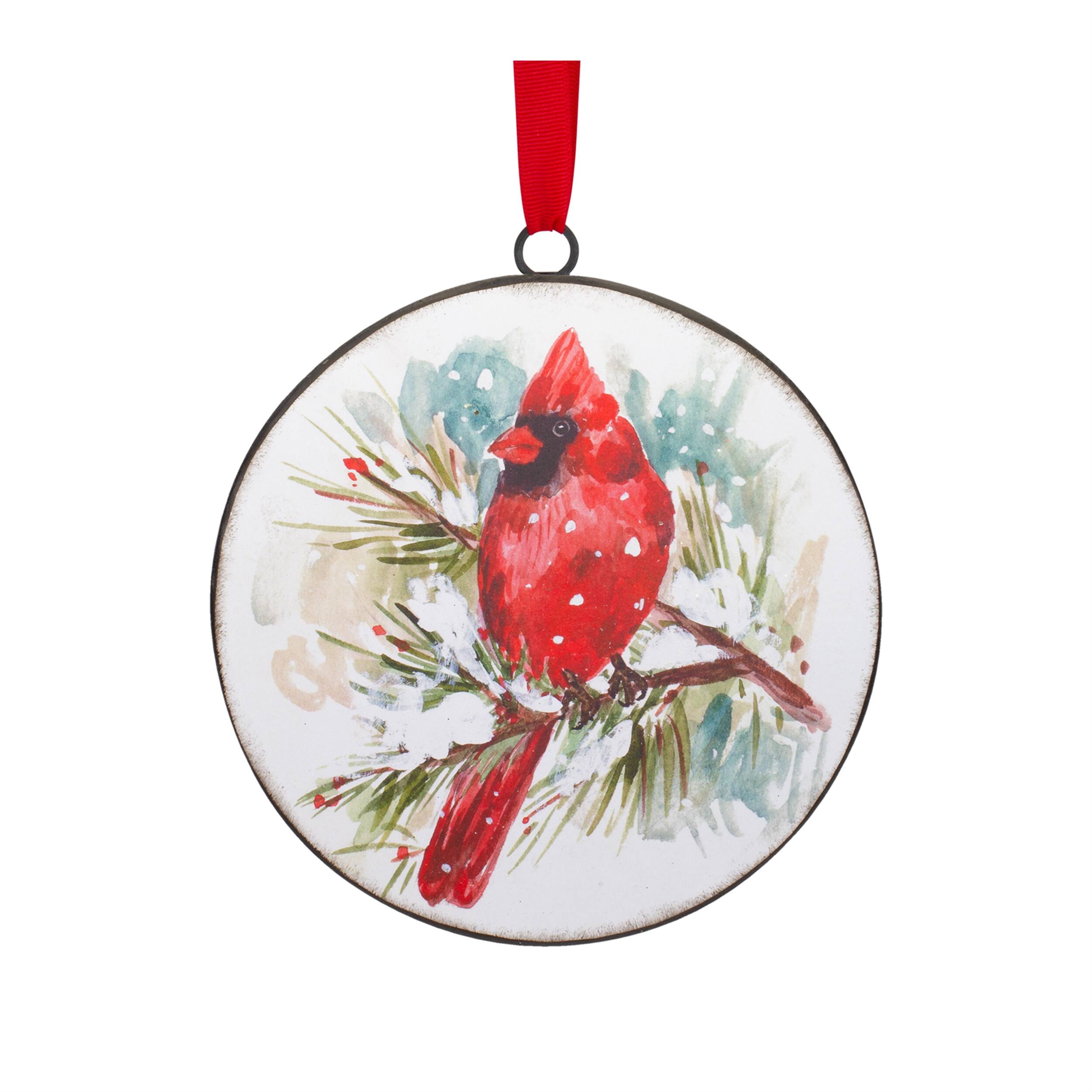Back. BreeBe - Winter Cardinal and Pine Branch Disc Ornament (Set of 12) - Red, White.