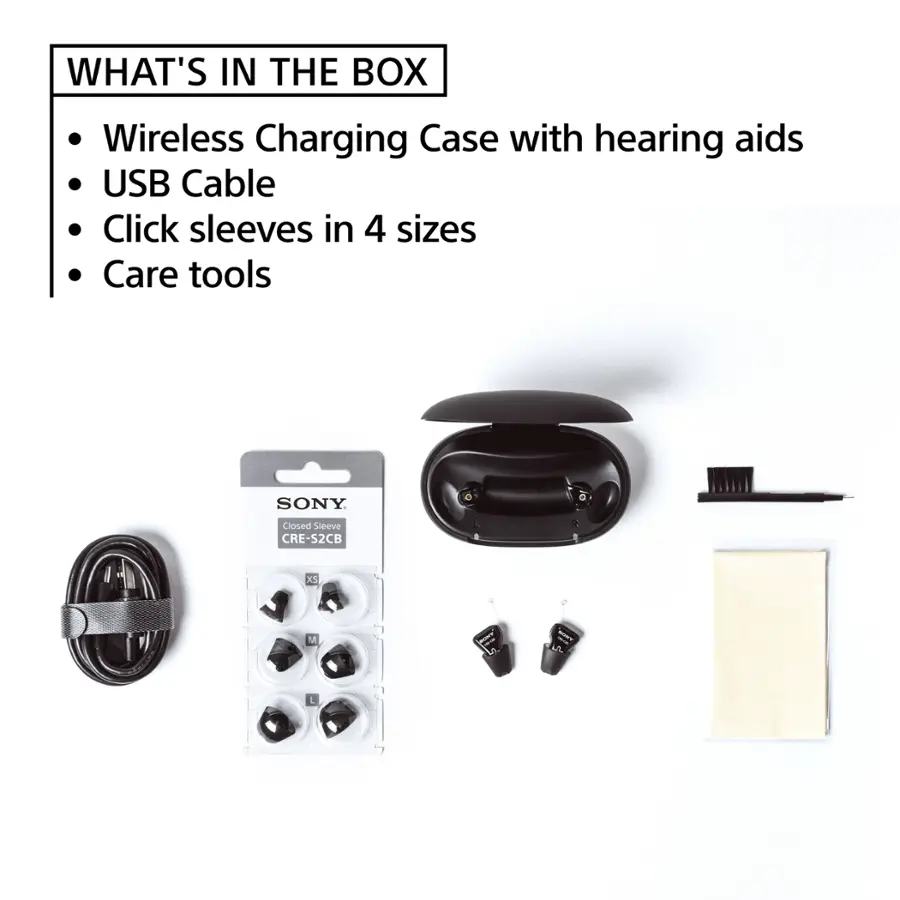 What's in the box: Wireless Charging Case with hearing aids, USB Cable, Click sleeves in 4 sizes, Care tools, SONY Closed Sleeve CRE-S2CB XS M L A.