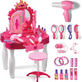 Play22 - Girls Vanity Set - Beauty Accessories with Working Blowdryer, Lights, Mirror, Stool & Sounds 21 PCS Beauty Salon Set