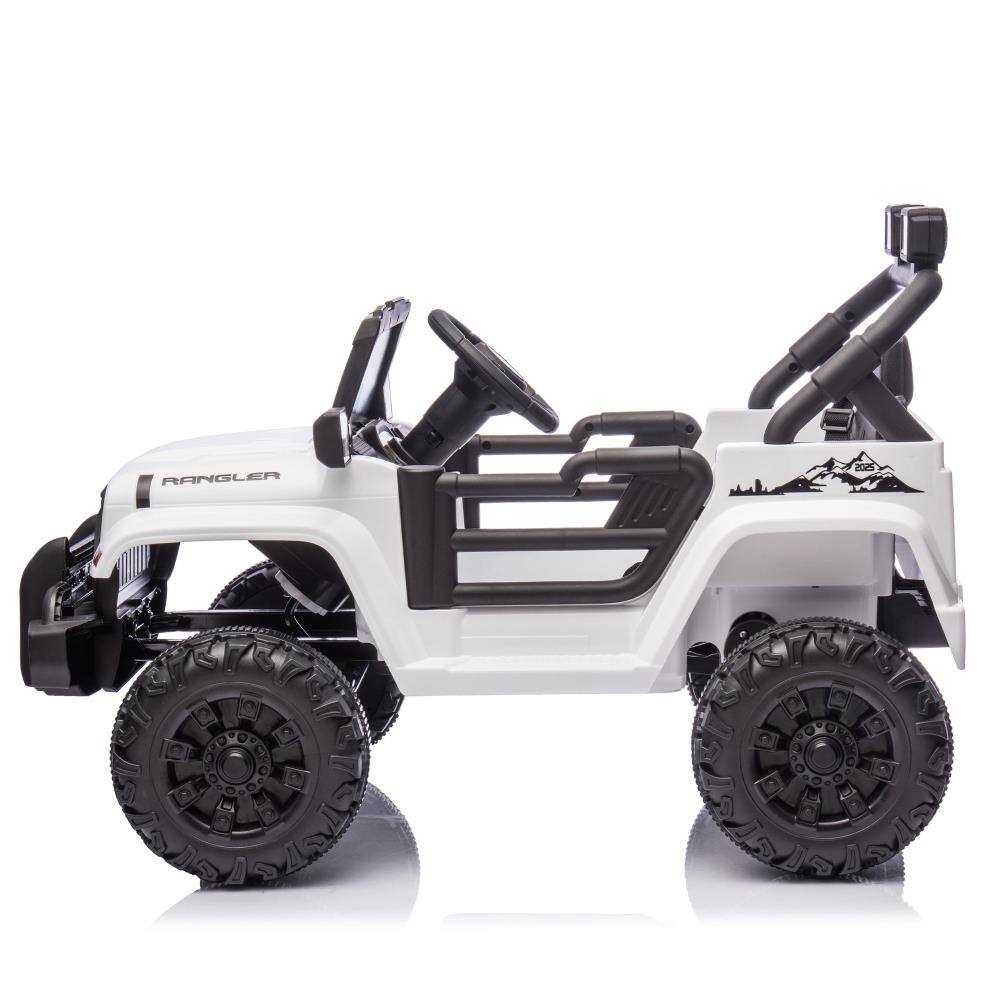 Angle. BreeBe - 12V Kids Electric ride on Car w/ Remote Control, Dual Drive, 4-Wheel Suspension, Bluetooth, USB, Headlights, Age 2–4 - White.