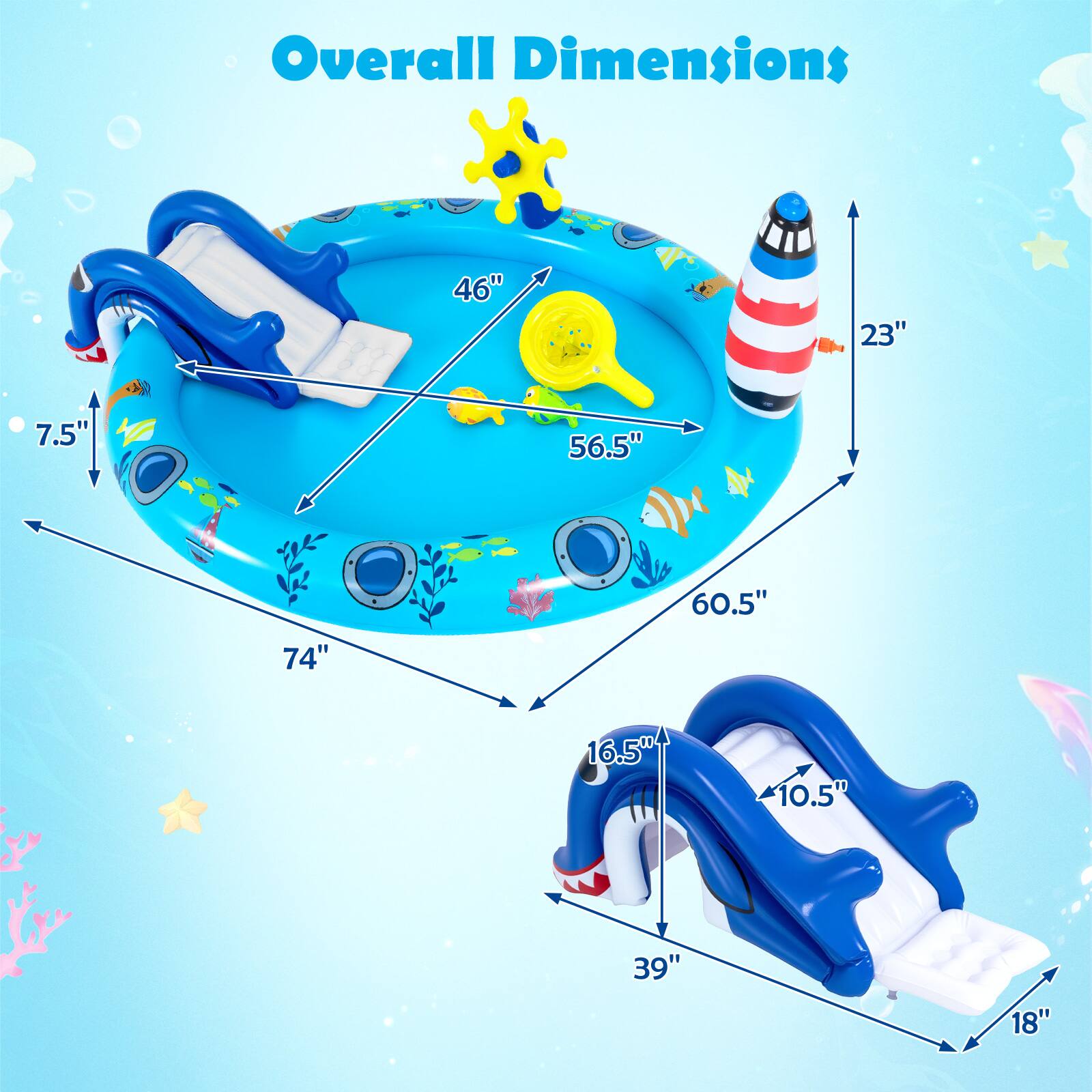 Overall Dimensions: 46" x 23" x 7.5" x 56.5" x 60.5" x 74" x 16.5" x 10.5" x 39" x 18"