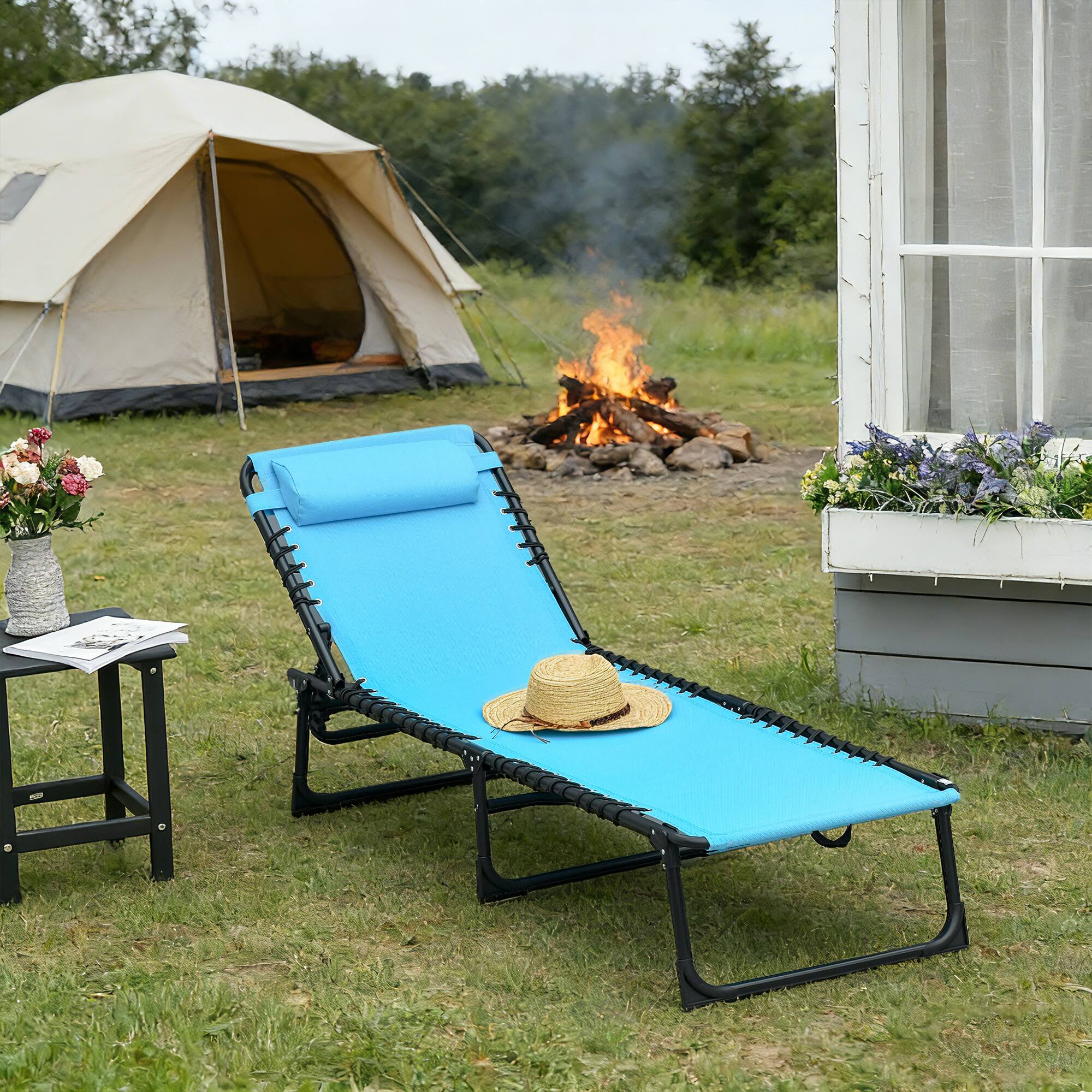 Alt View 1. Outsunny - Chaise Lounge Pool Chair with 4-Position Reclining Back, Pillow - Light Blue.