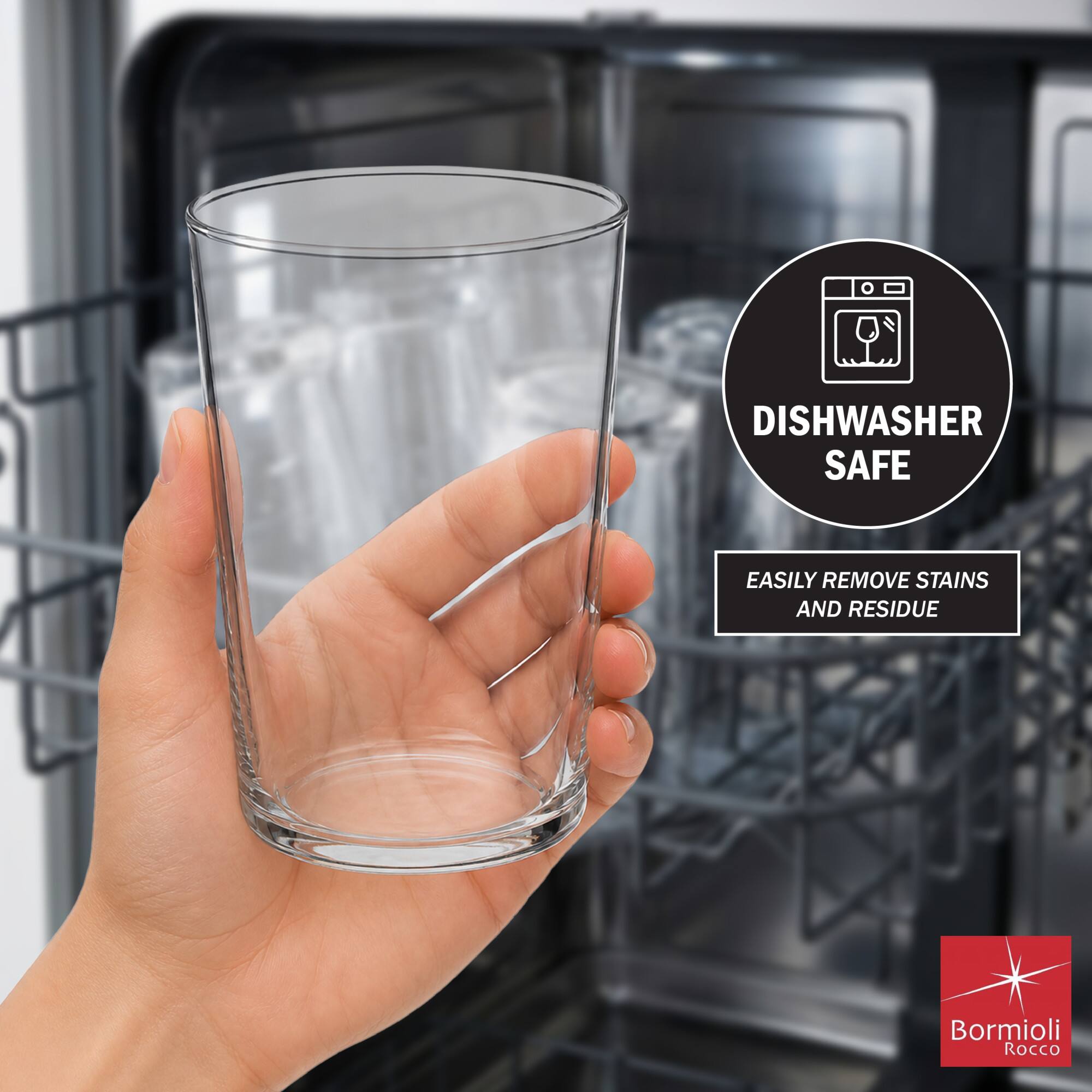 Dishwasher Safe. Easily Remove Stains and Residue. Bormioli Rocco