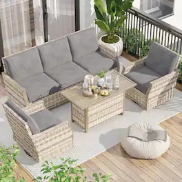 U-HOMY - 4-Piece Outdoor Wicker Patio Set with 360° Swivel Rocker Chairs, 3-Seat Sofa and Tempered Glass Table - Gray