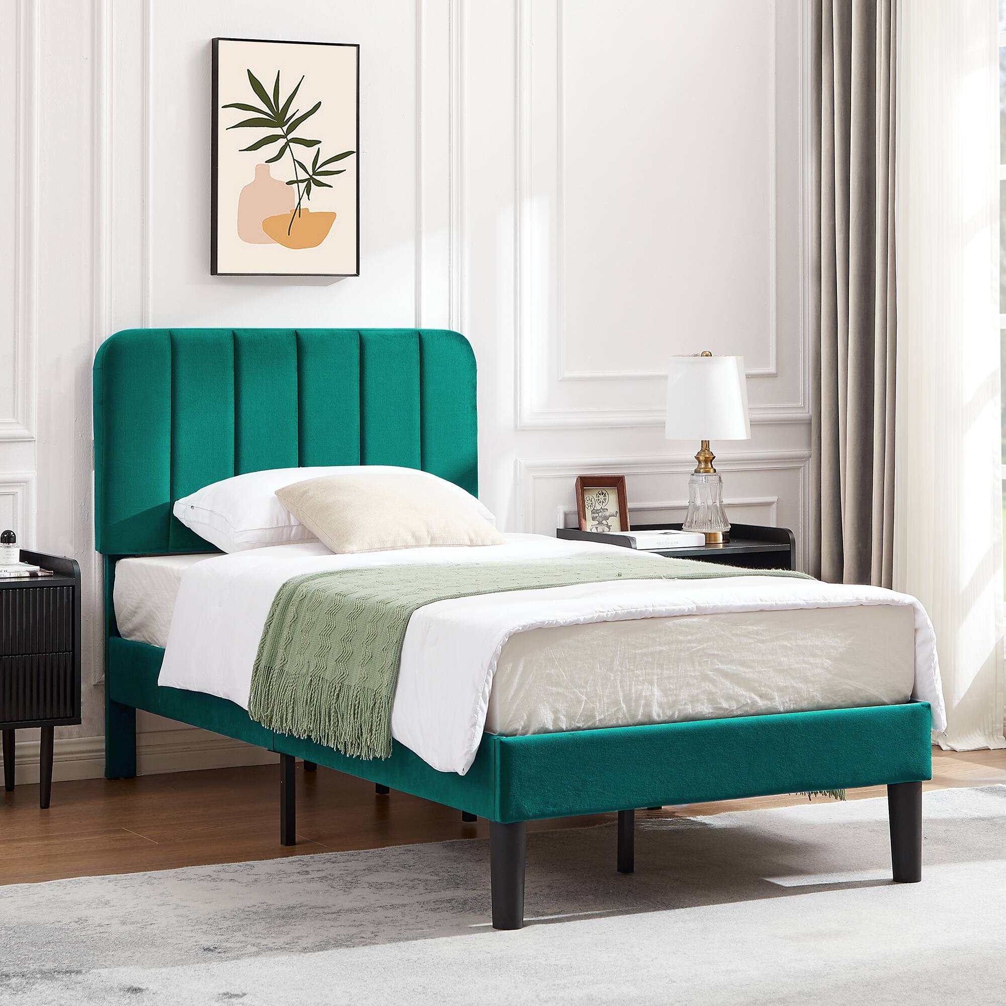 Alt View 4. Vecelo - Queen Upholstered Bed with Adjustable Headboard & 7.9" Underbed Storage - Quiet Slat Metal Platform Bed,Fabric Frame - Dark Blue.