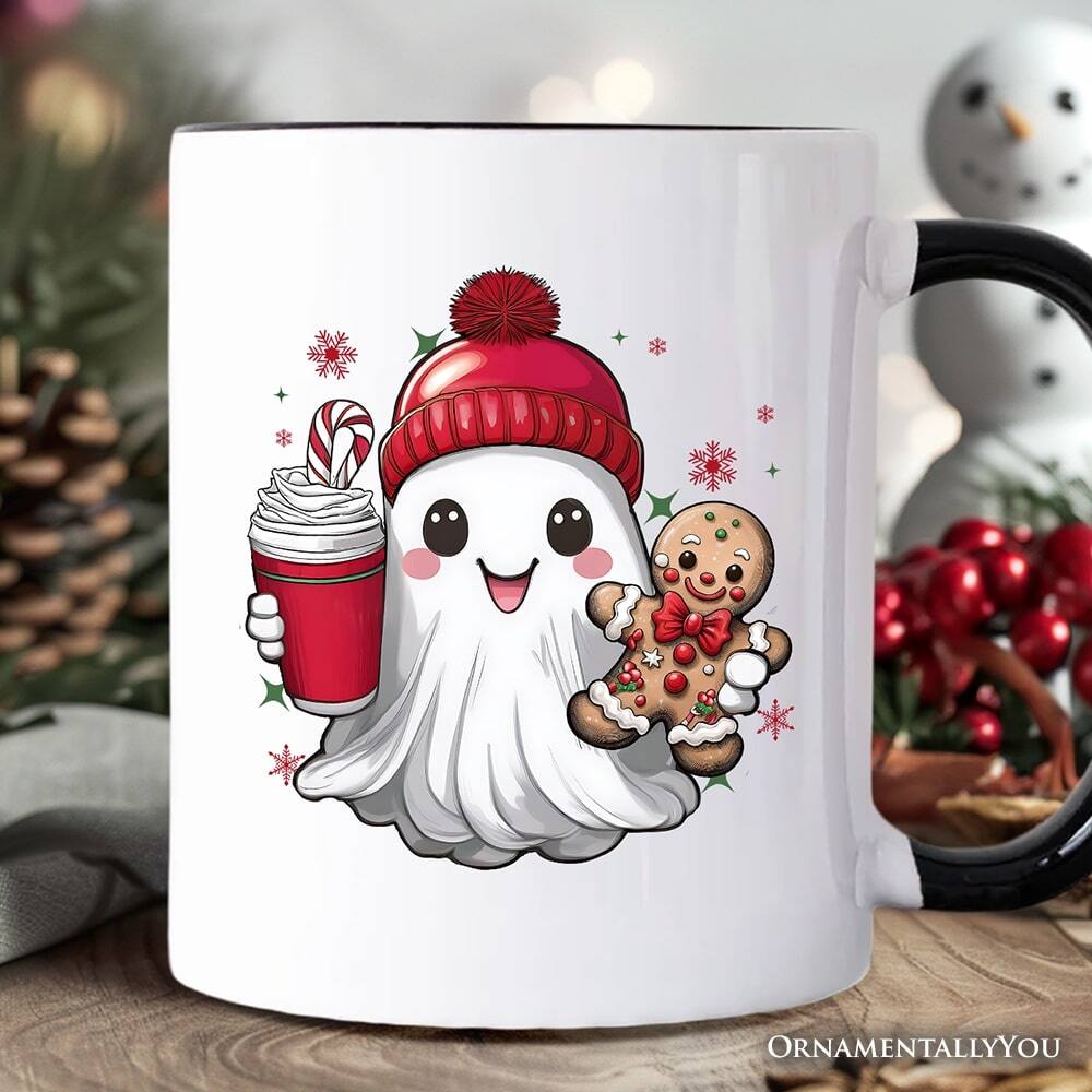 Back. OrnamentallyYou - Cute Ghost Christmas Mug, Adorable Gingerbread and Cocoa Holiday Gift - White.