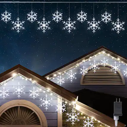 Front. MOSZAR LLC - 9ft 150 LED Snowflake Icicle Curtain Lights, Cool White, Waterproof & Connectable.