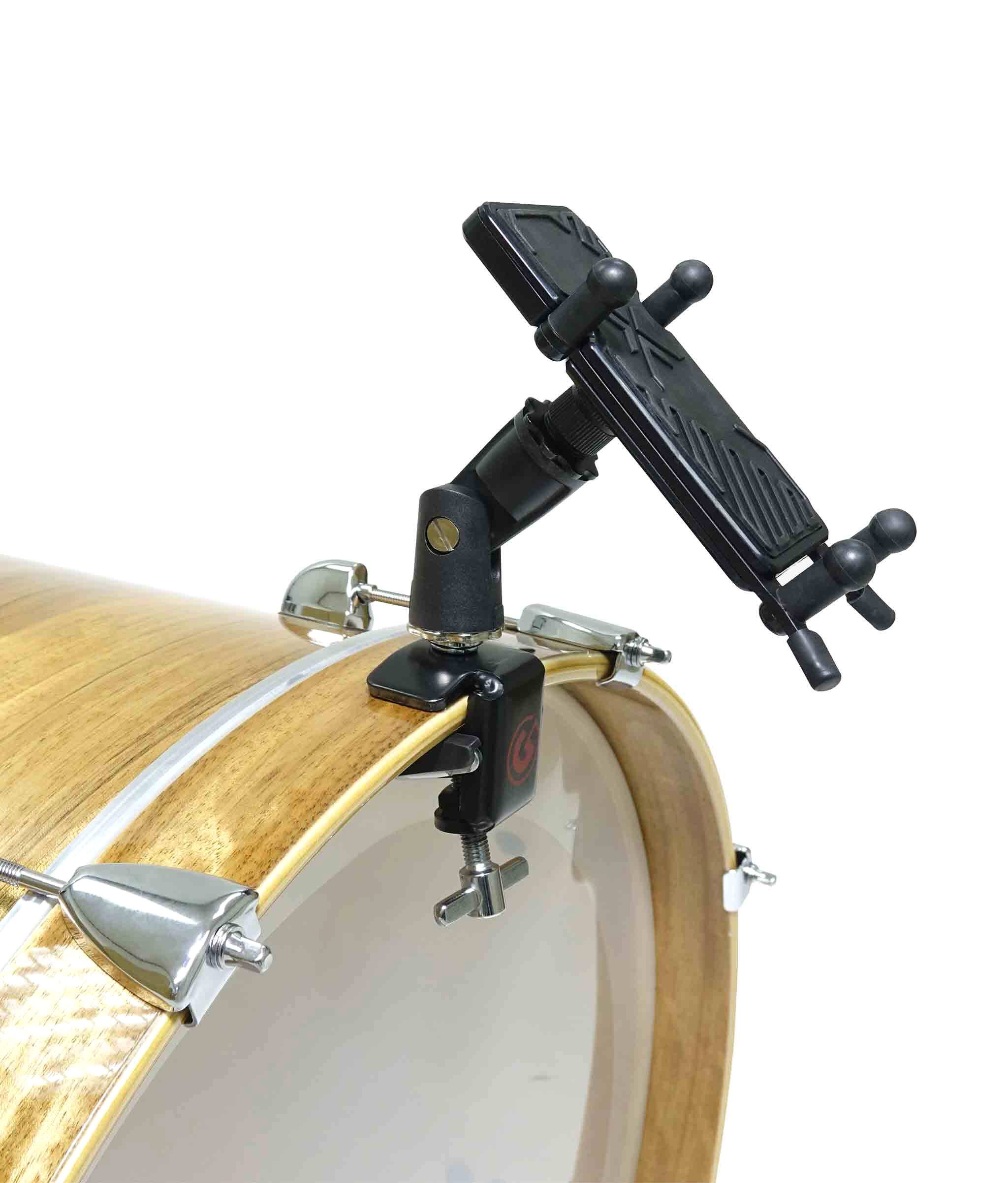 Angle. Gibraltar Hardware - Bass Drum Smartphone Holder, Adjustable Scissor Clamp with Hoop Mount and Touchscreen Access for Music Practice - Black.