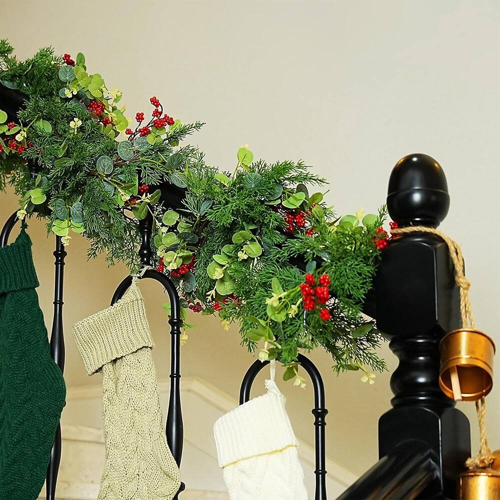 Back. PARKER SLATER - Pre-Lit Christmas Garland 6.5FT Pine Branches with Eucalyptus Leaves - Green.