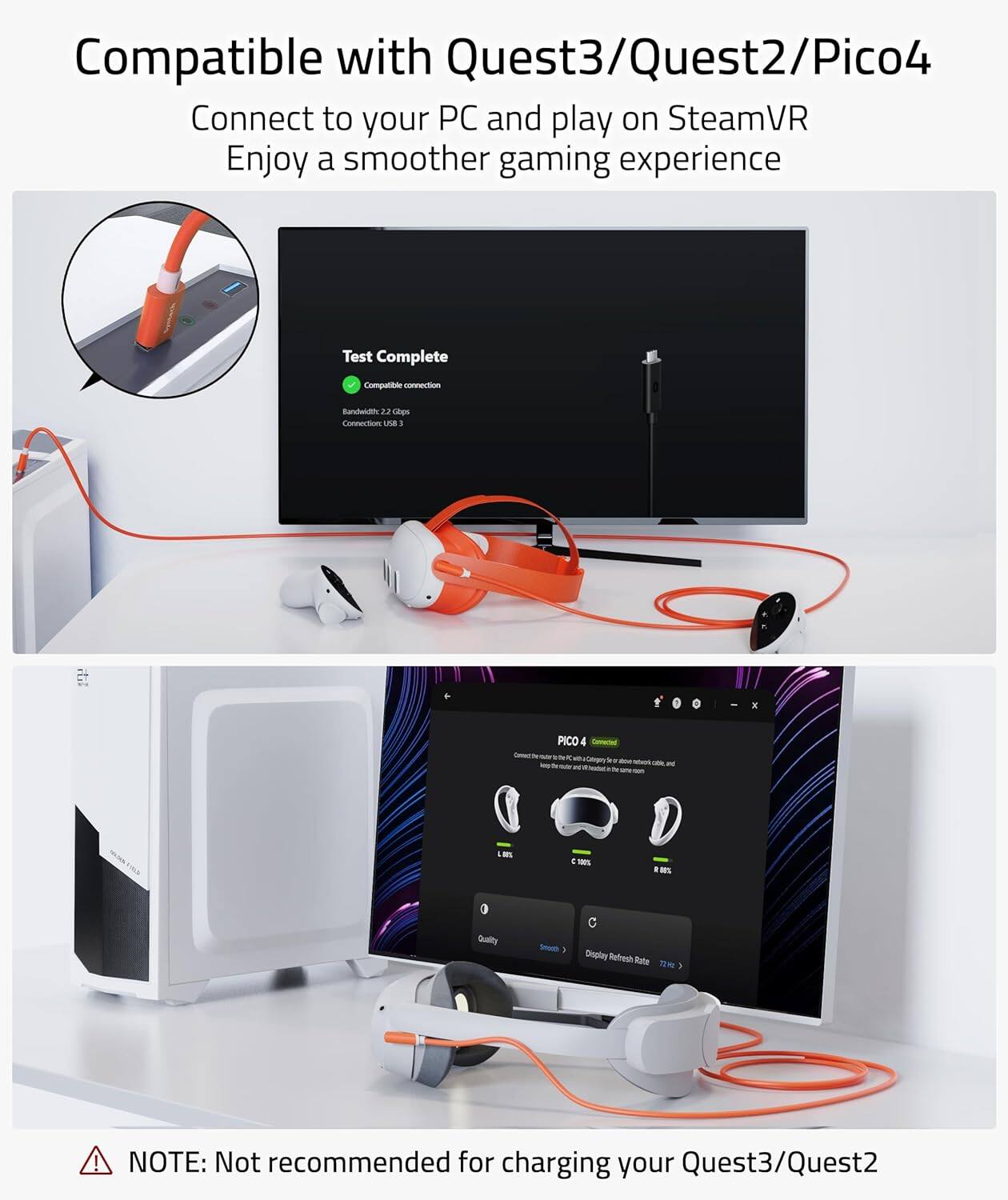 Compatible with Quest3/Quest2/Pico4  
Connect to your PC and play on SteamVR  
Enjoy a smoother gaming experience  

Test Complete  
Compatible connection  
Bandwidth: 22.2 Gbps  
Connection: USB 3  

PICO 4  
Connect to the PC with the cable for a better network and  
connect the PICO 4 to the PC for a better gaming experience  

Quality  
Display Refresh Rate 72 Hz  

NOTE: Not recommended for charging your Quest3/Quest2