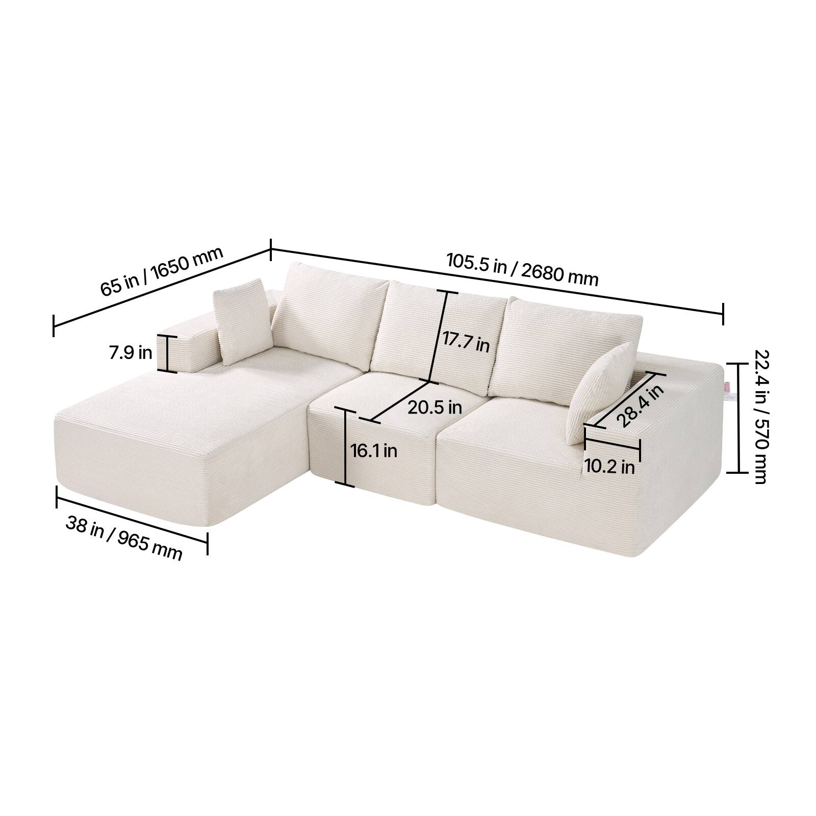 - 65 in / 1650 mm
- 7.9 in
- 38 in / 965 mm
- 105.5 in / 2680 mm
- 17.7 in
- 20.5 in
- 16.1 in
- 28.4 in
- 10.2 in
- 22.4 in / 570 mm