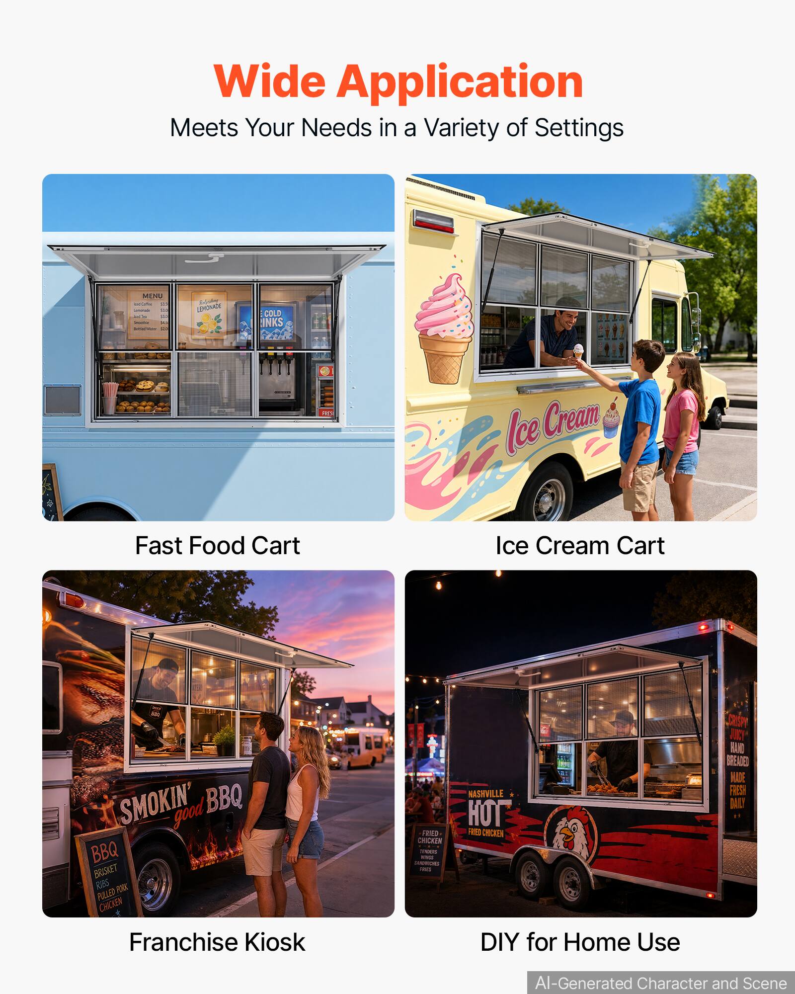 Wide Application Meets Your Needs in a Variety of Settings

MENU 1254 us - NE - RA

SurGaling LEMONADE
COLD INKS
FREE
Lee Cream
Fast Food Cart
Ice Cream Cart
10 SMOKIN' good BBQ BBQ BRISKET RIES PORK FULLED CHICKEN Franchise Kiosk
PROGE FRIED CHICKEN - KINGS SANDWOCKEN adidas
NASHVILLE HOT FRED CHICKEN DIY for Home Use
JCRISPY HAND BREADED MADE FRESH DAILY

AI-Generated Character and Scene