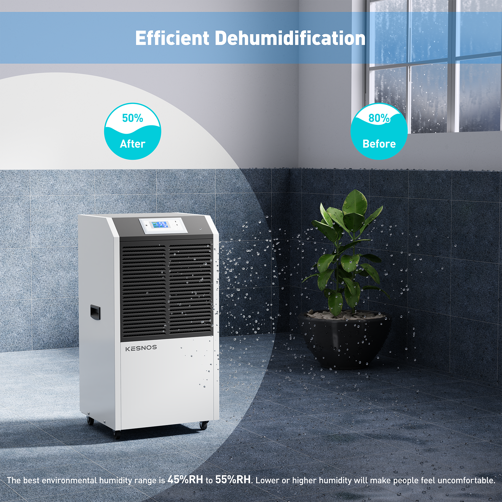 Efficient Dehumidification

50% After  
80% Before

The best environmental humidity range is 45%RH to 55%RH. Lower or higher humidity will make people feel uncomfortable.
