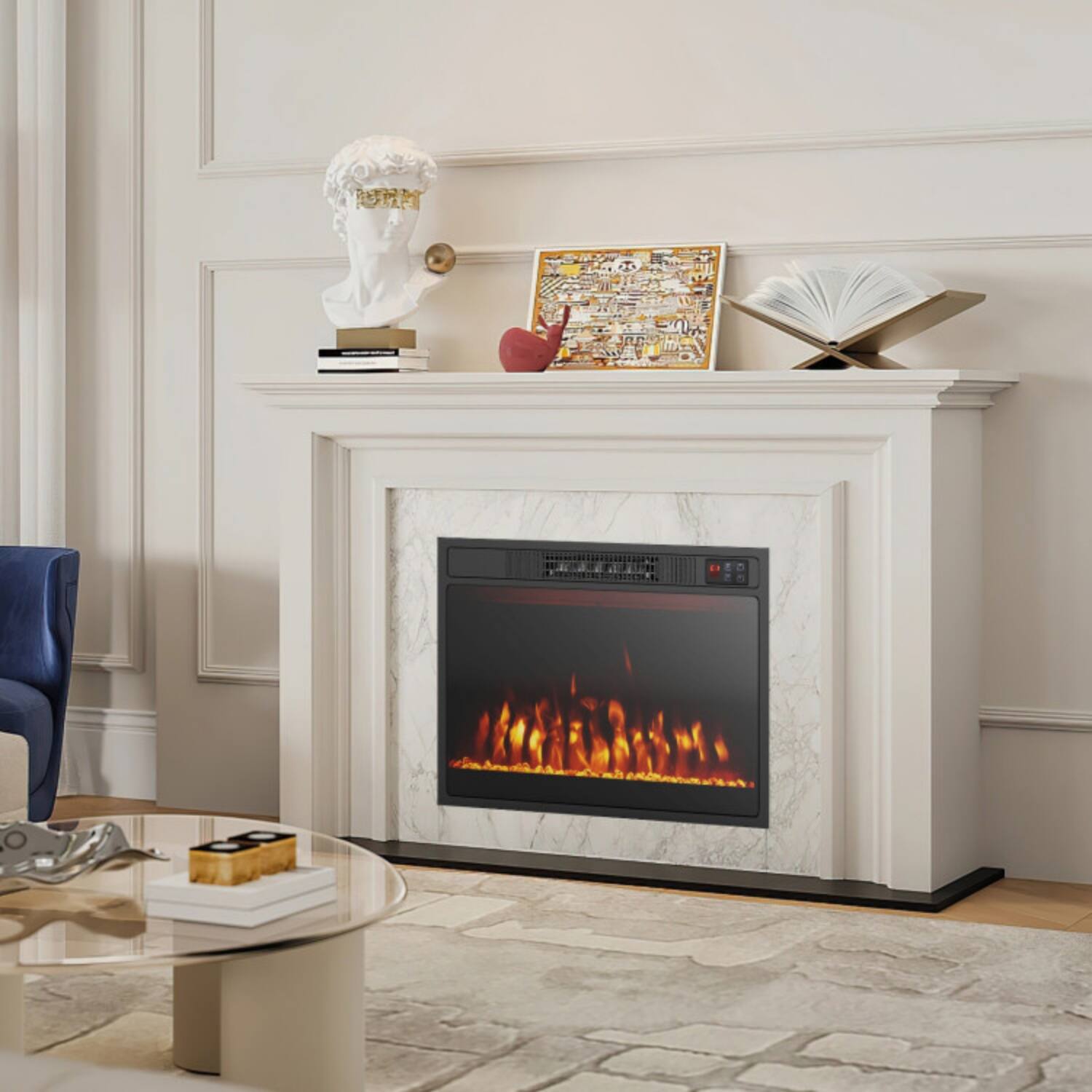 Left. LUCKY ONE - 23 Inch Freestanding/Recessed Electric Fireplace with 3 Flame Colors & 3 Brightness - Black.