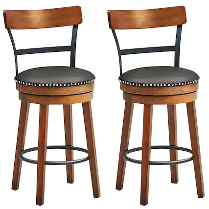 Front. Costway - Costway Set of 2 BarStool 25.5" Swivel Counter Height Dining Chair with Rubber Wood Legs - Brown.